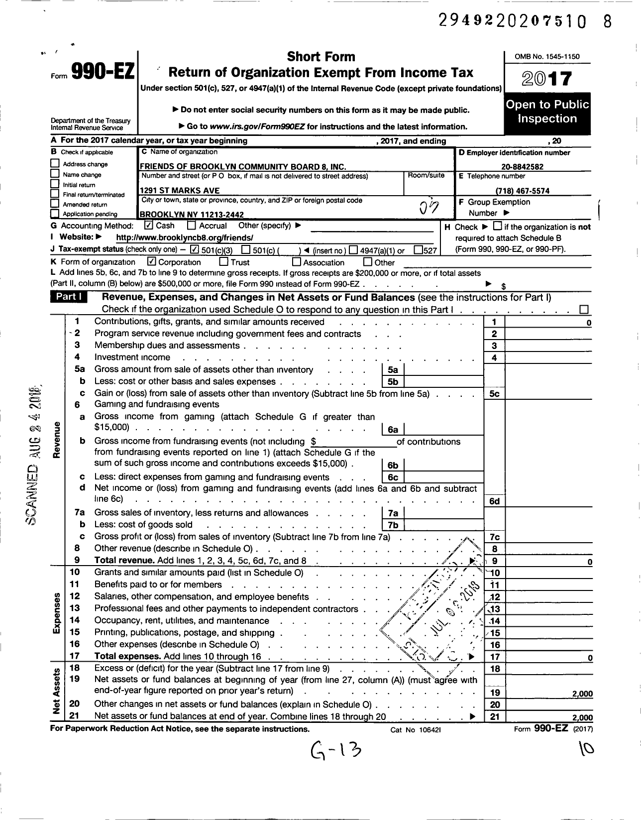 Image of first page of 2017 Form 990EZ for Friends of Brooklyn Community Board 8