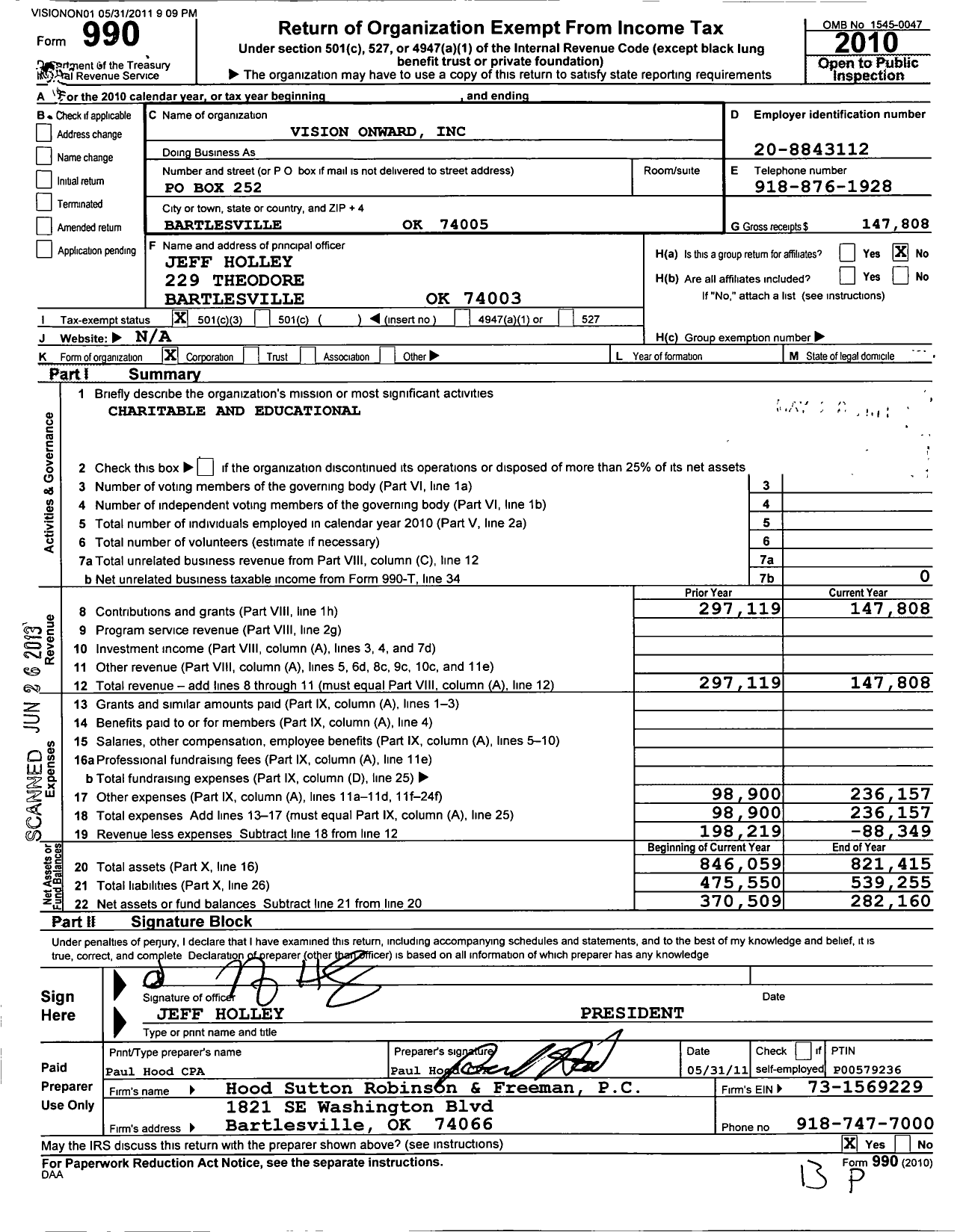 Image of first page of 2010 Form 990 for Vision Onward