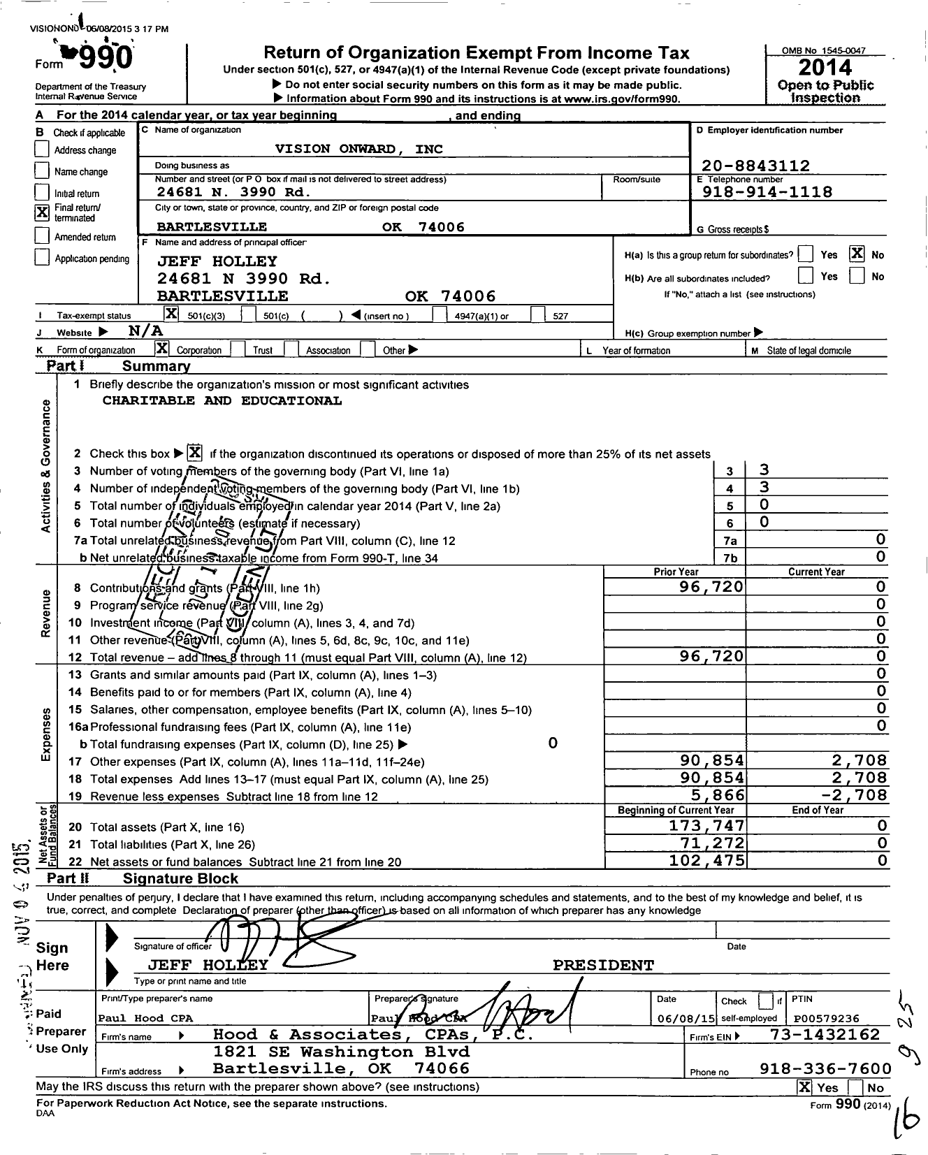 Image of first page of 2014 Form 990 for Vision Onward