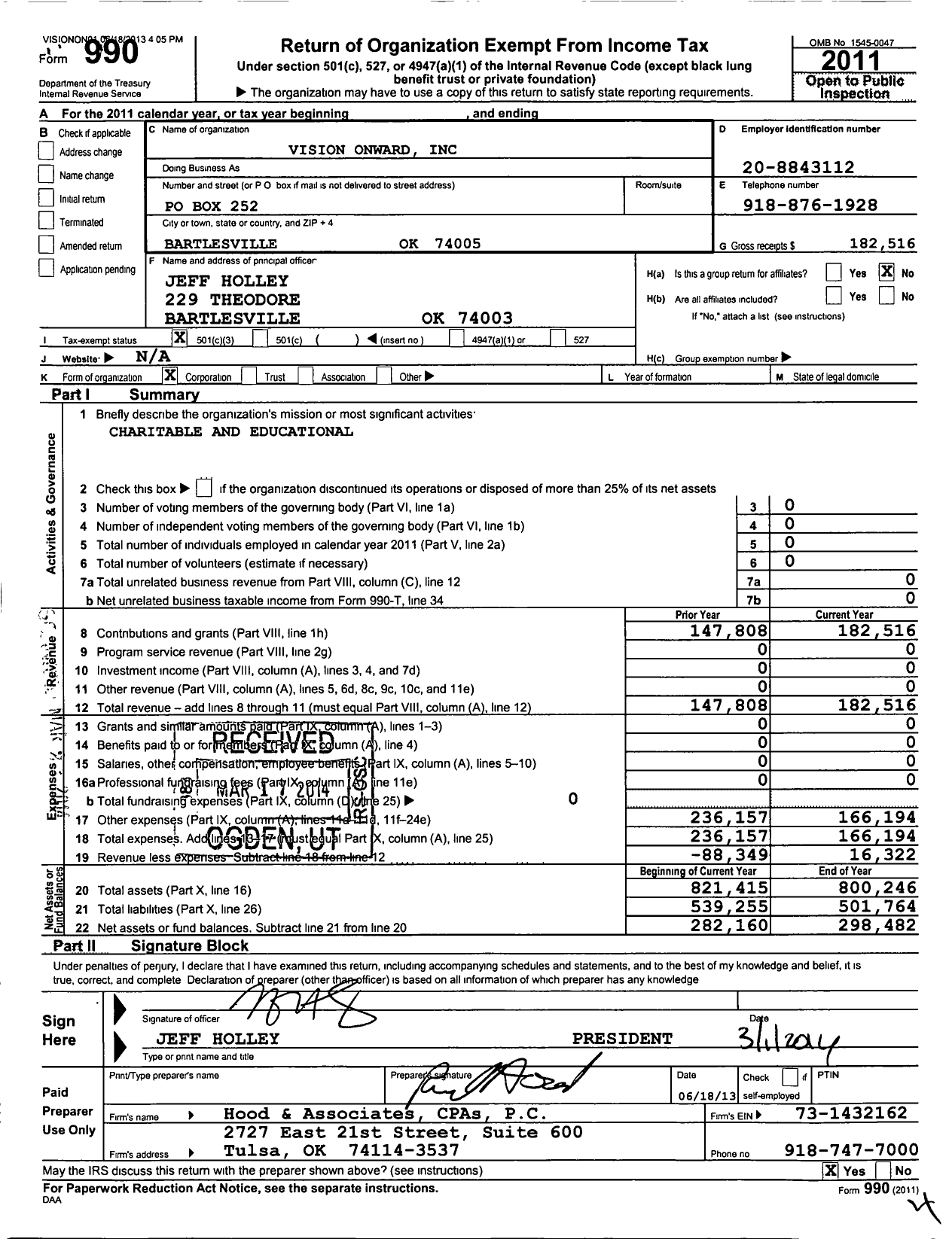 Image of first page of 2011 Form 990 for Vision Onward