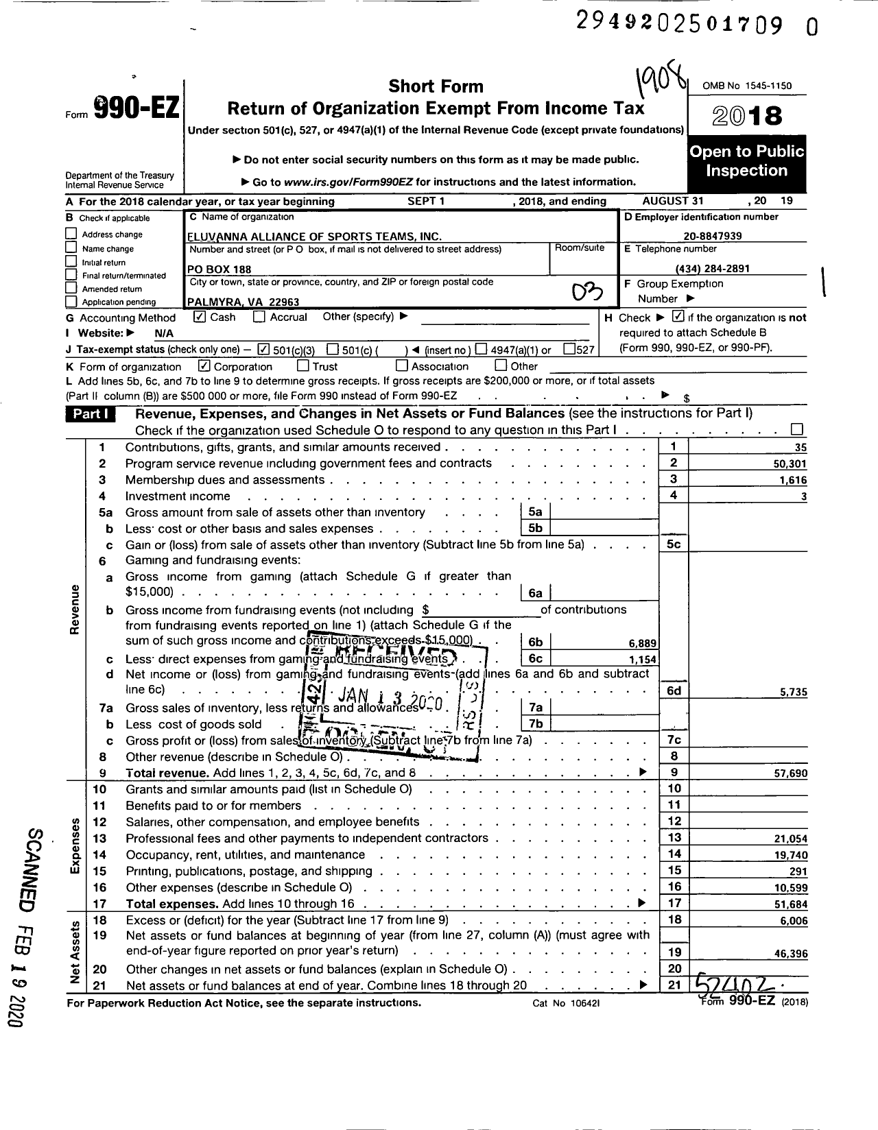 Image of first page of 2018 Form 990EZ for Fluvanna Alliance of Sports Teamsincorporated