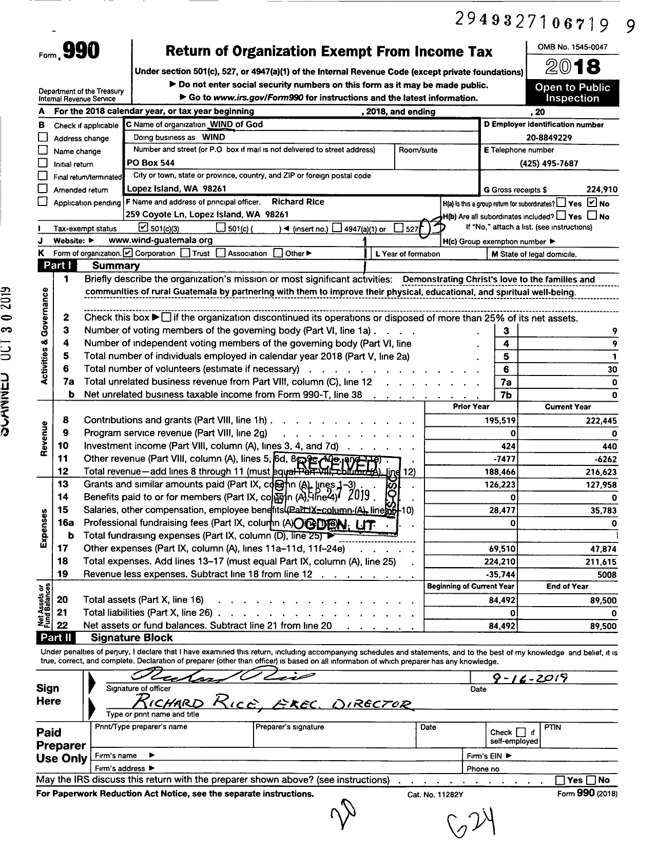 Image of first page of 2018 Form 990 for Wind