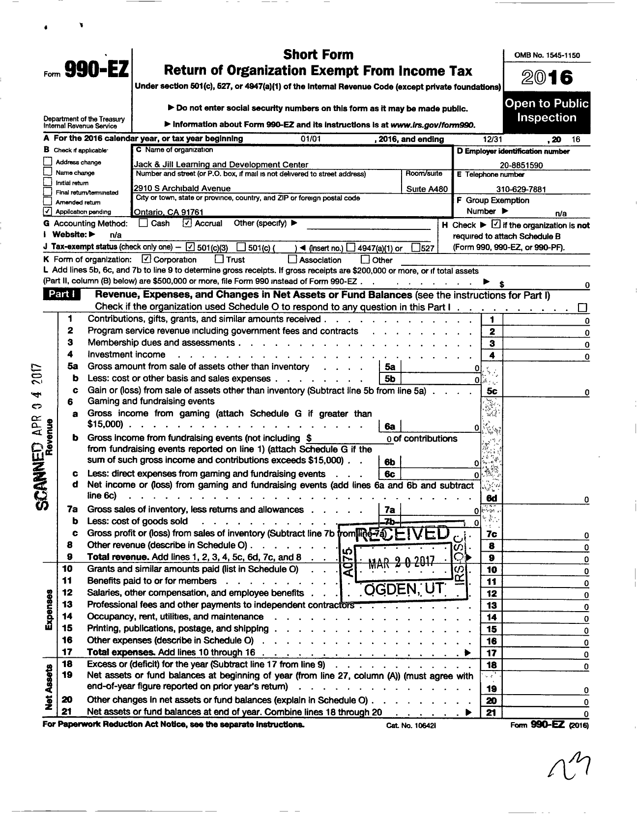 Image of first page of 2016 Form 990EZ for Jack and Jill Learning and Development Center