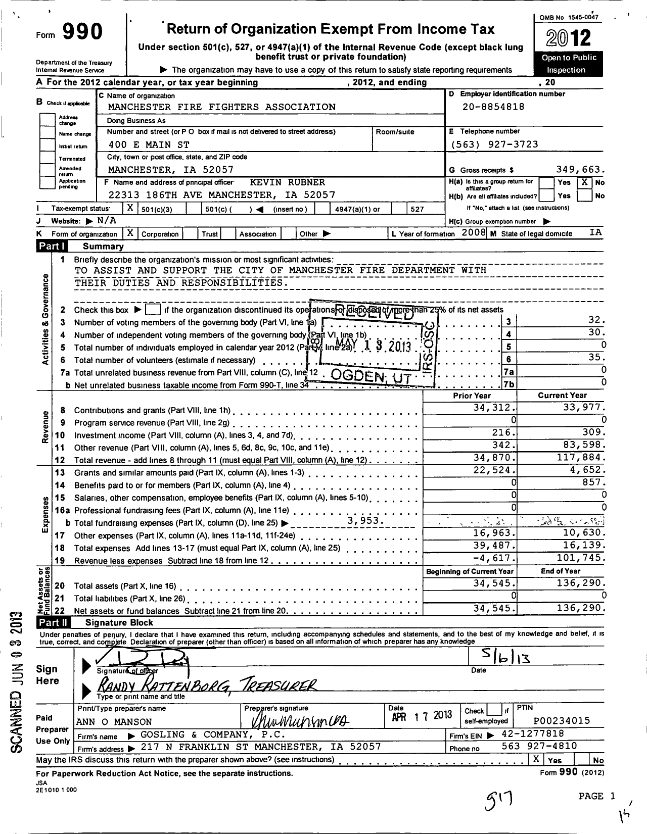 Image of first page of 2012 Form 990 for Manchester Fire Fighters Association