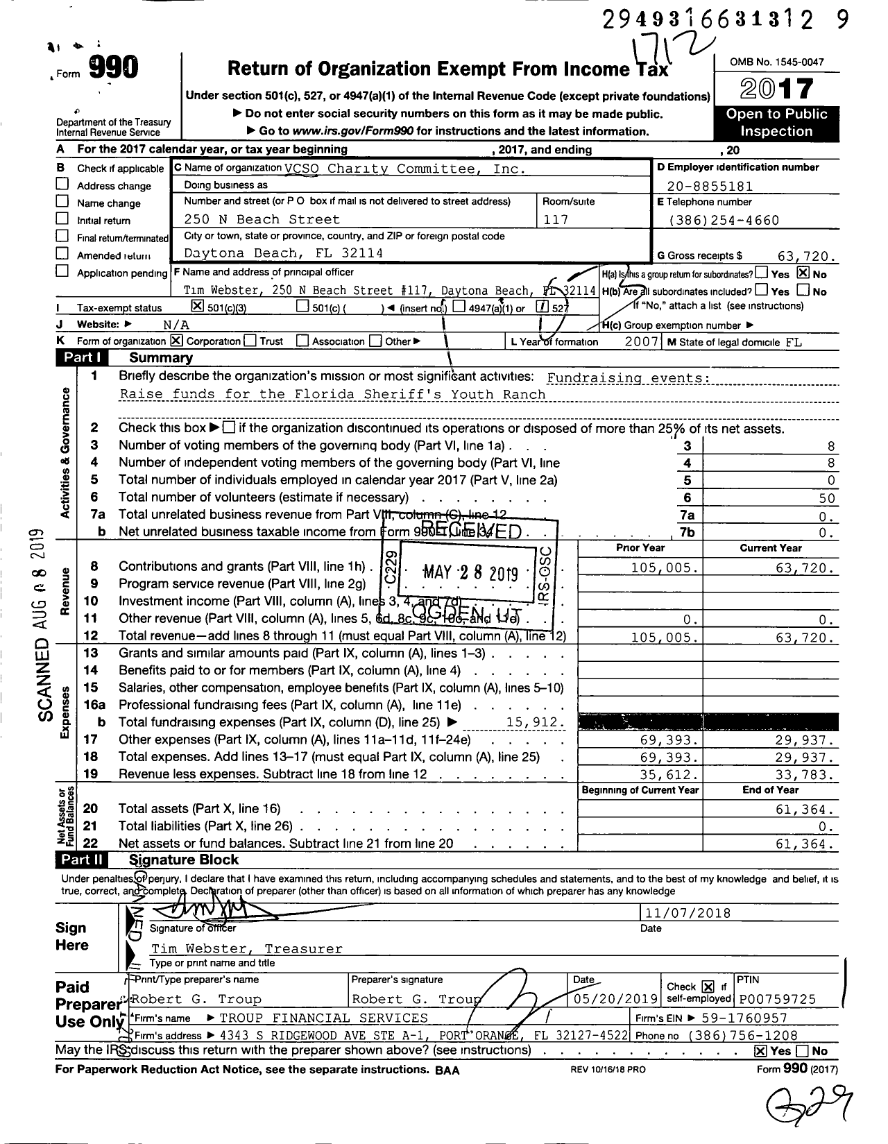 Image of first page of 2017 Form 990 for Volusia Sheriffs Office Charity Committee