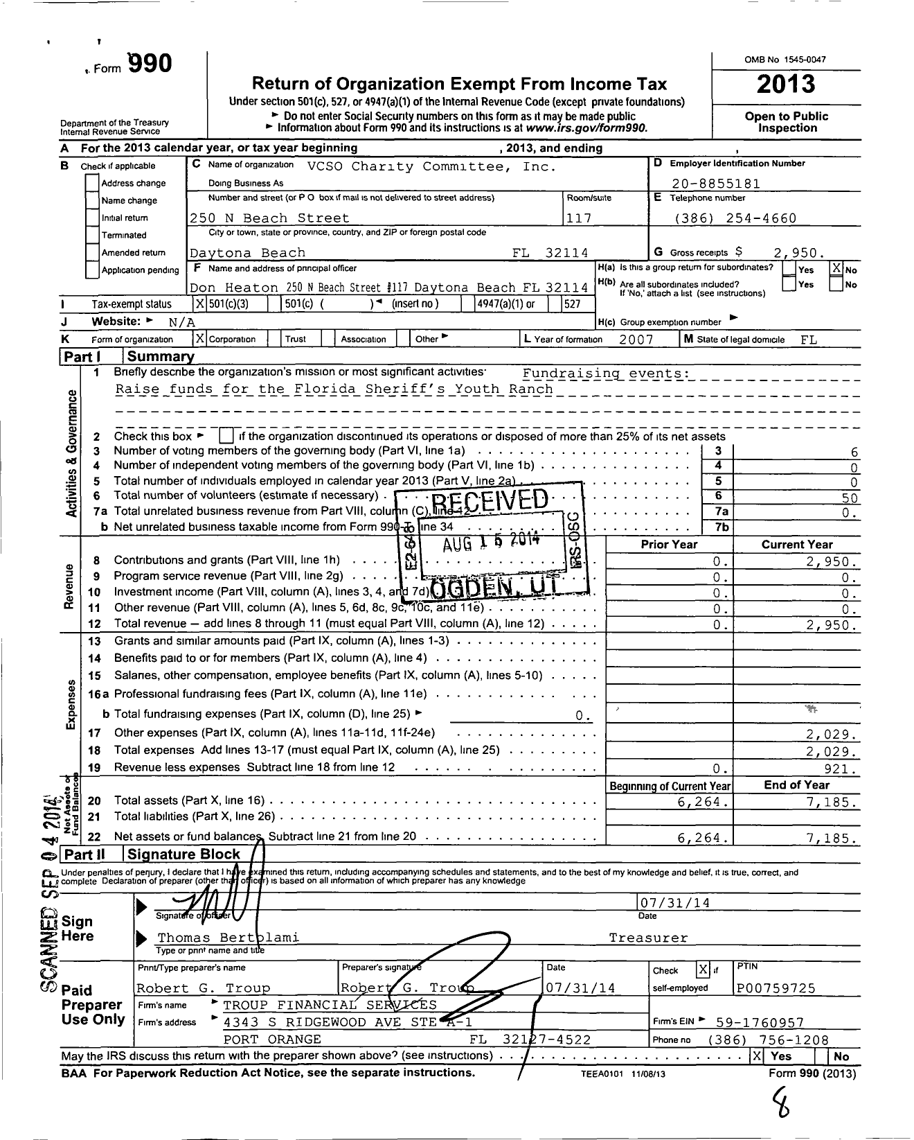 Image of first page of 2013 Form 990 for Volusia Sheriffs Office Charity Committee