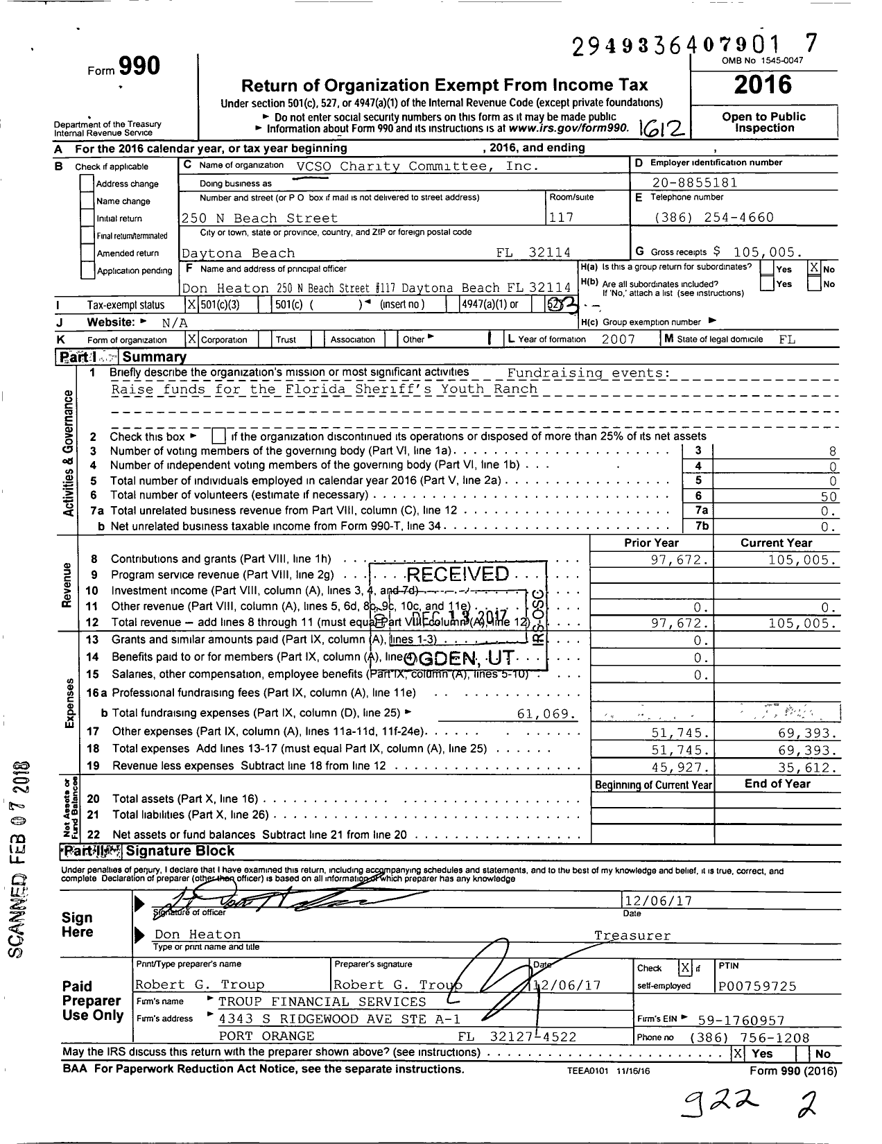 Image of first page of 2016 Form 990 for Volusia Sheriffs Office Charity Committee