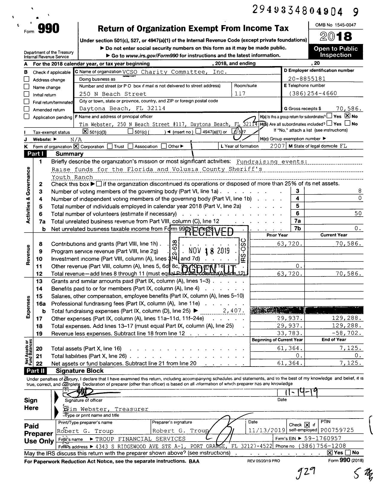 Image of first page of 2018 Form 990 for Volusia Sheriffs Office Charity Committee