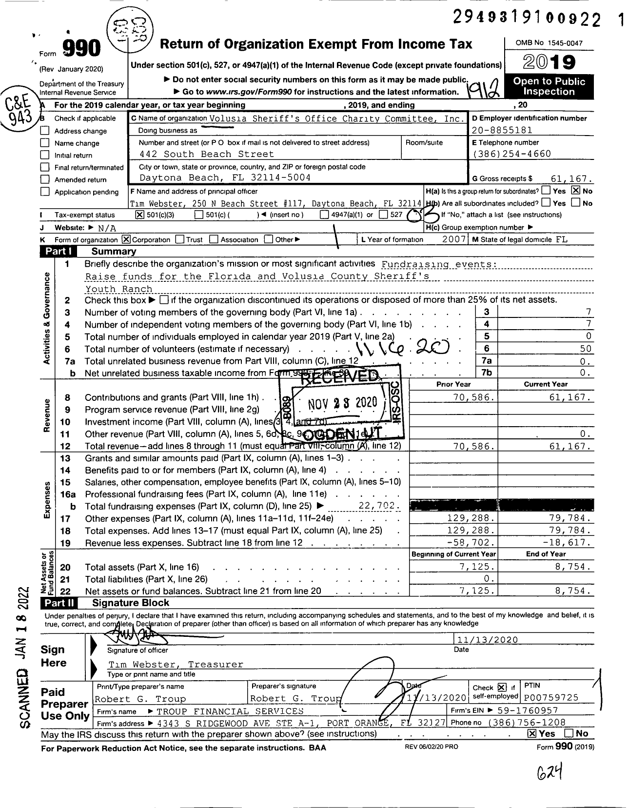 Image of first page of 2019 Form 990 for Volusia Sheriffs Office Charity Committee