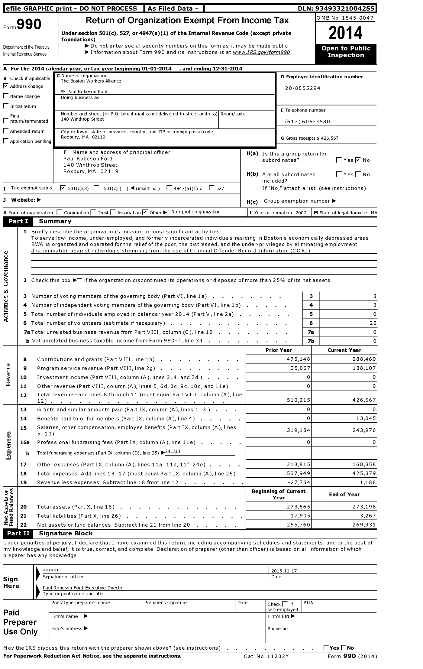 Image of first page of 2014 Form 990 for The Boston Workers Alliance