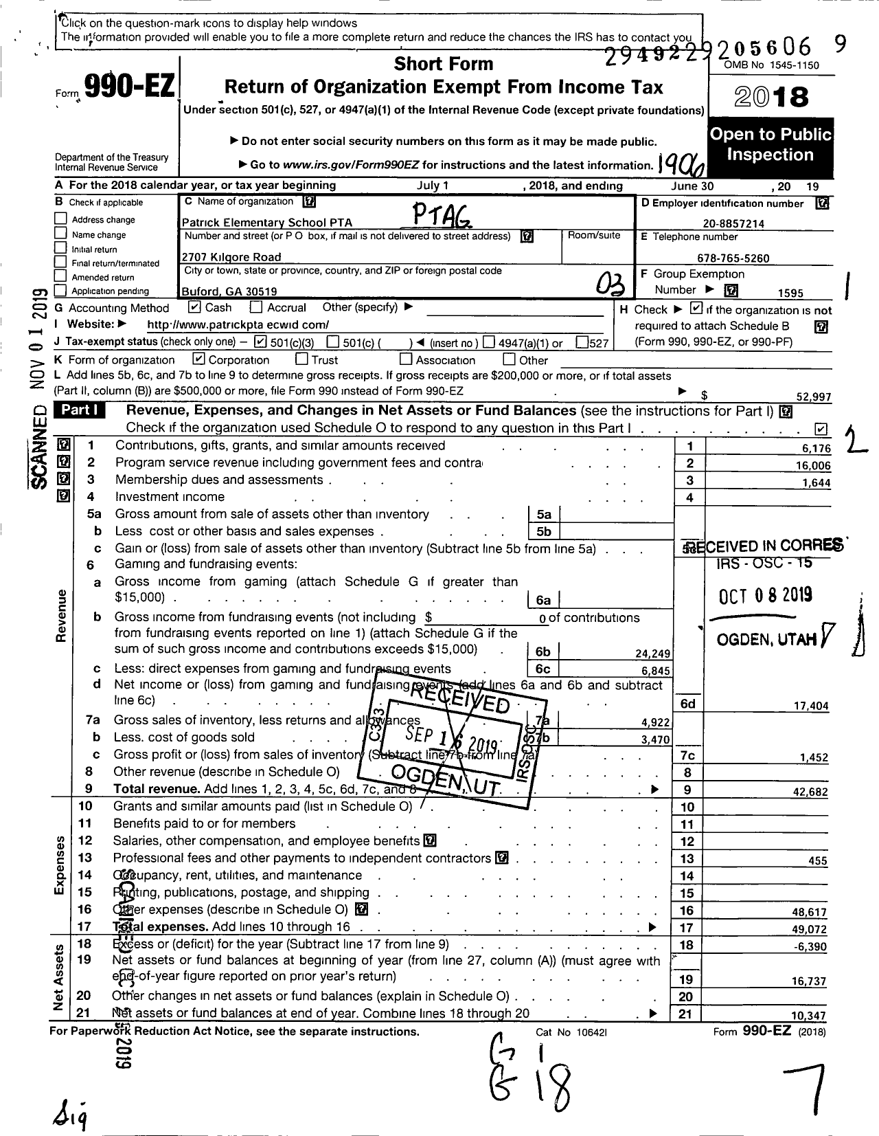 Image of first page of 2018 Form 990EZ for Georgia PTA - Patrick Es PTA