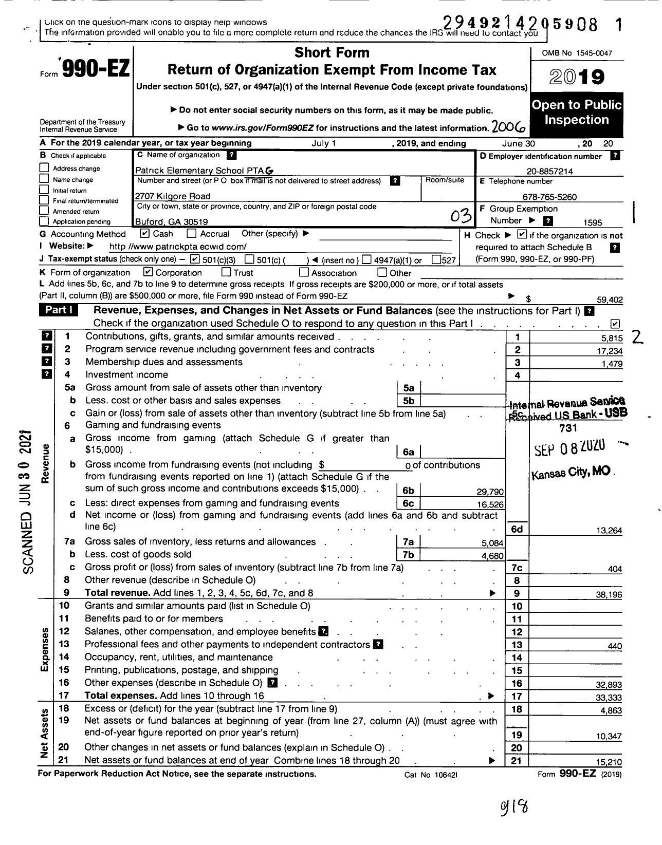 Image of first page of 2019 Form 990EZ for Georgia PTA - Patrick Es PTA