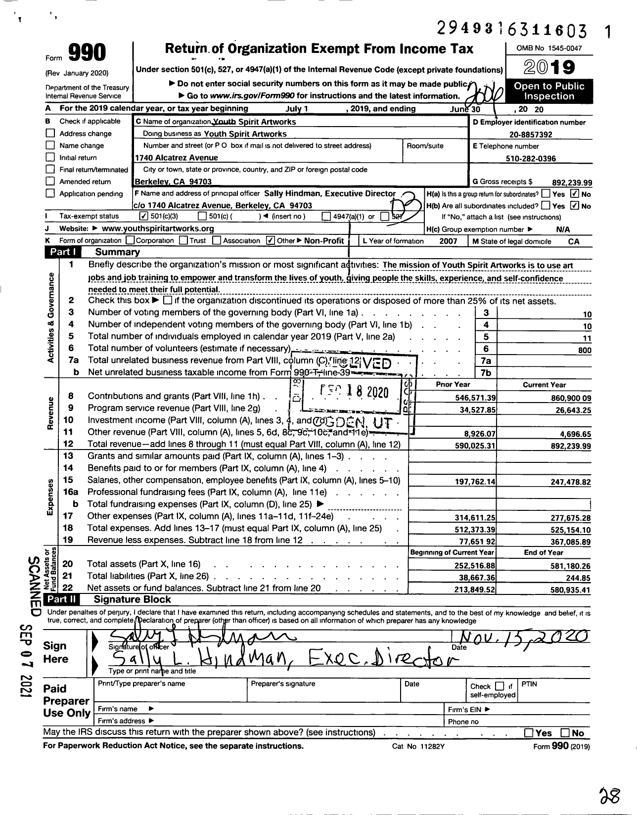 Image of first page of 2019 Form 990 for Youth Spirit Artworks