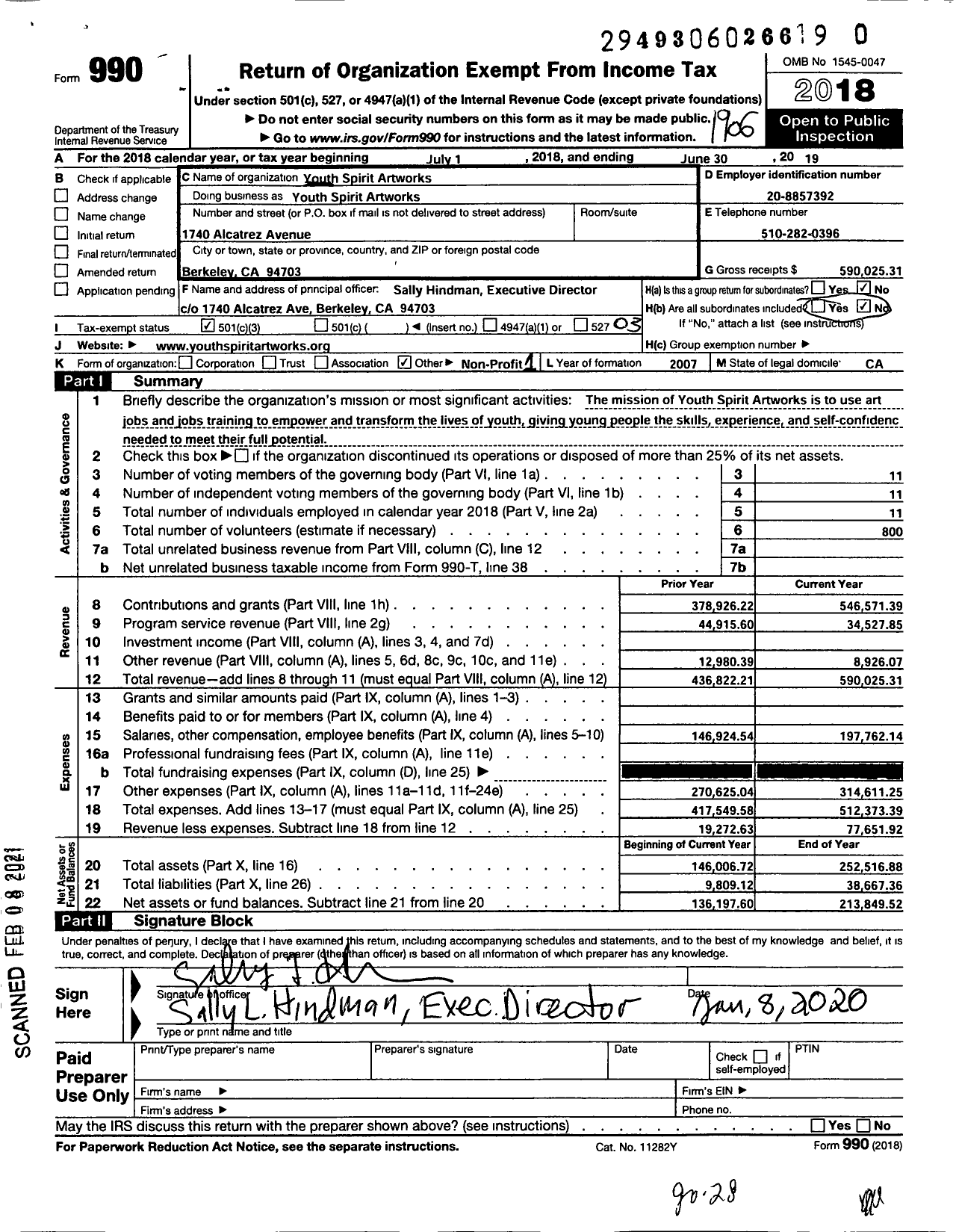 Image of first page of 2018 Form 990 for Youth Spirit Artworks