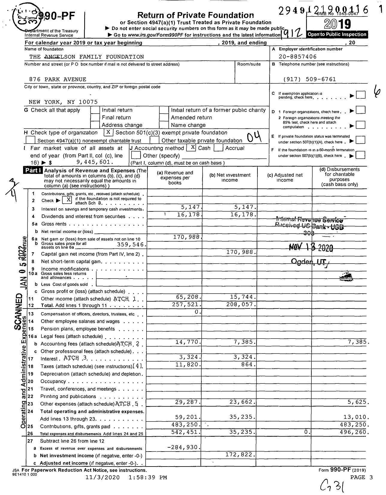 Image of first page of 2019 Form 990PF for The Angelson Family Foundation