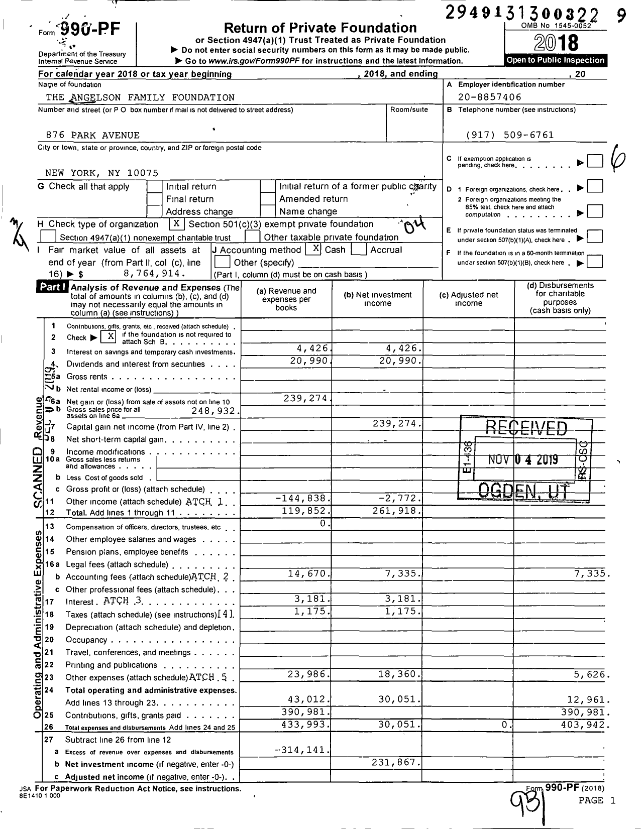 Image of first page of 2018 Form 990PF for The Angelson Family Foundation