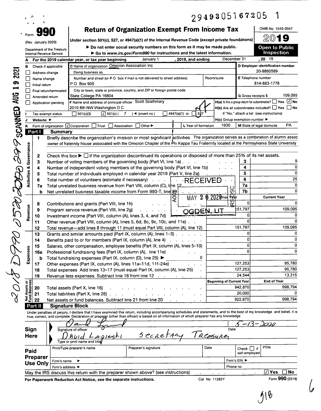 Image of first page of 2019 Form 990O for Omicron Association