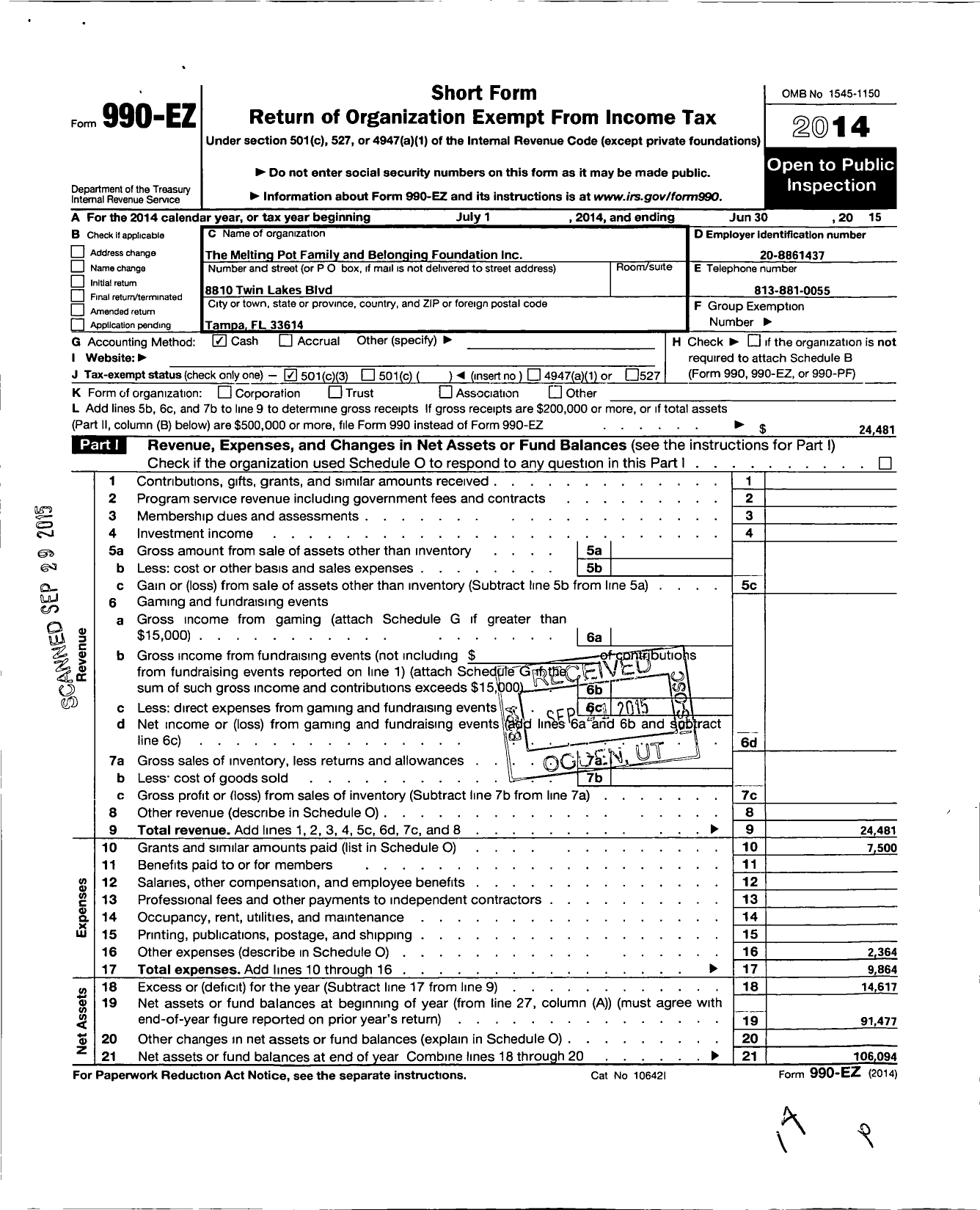 Image of first page of 2014 Form 990EZ for Melting Pot Family and Belonging Foundation