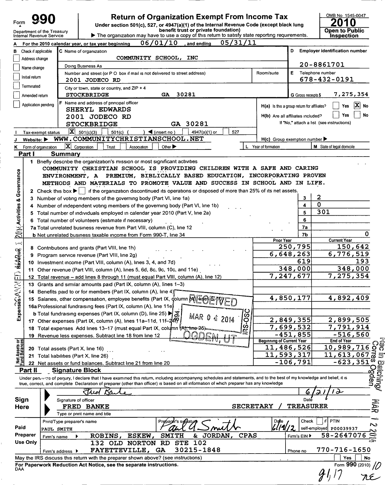 Image of first page of 2010 Form 990 for Community School
