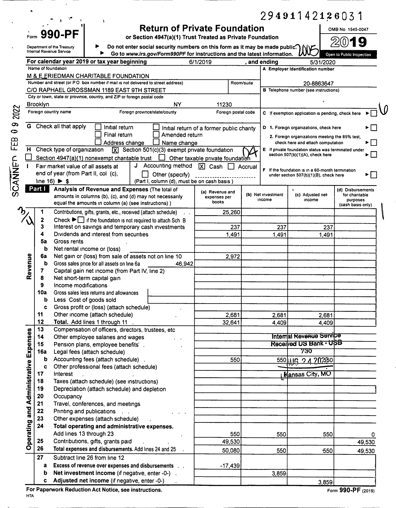 Image of first page of 2019 Form 990PF for M and E Friedman Charitable Foundation