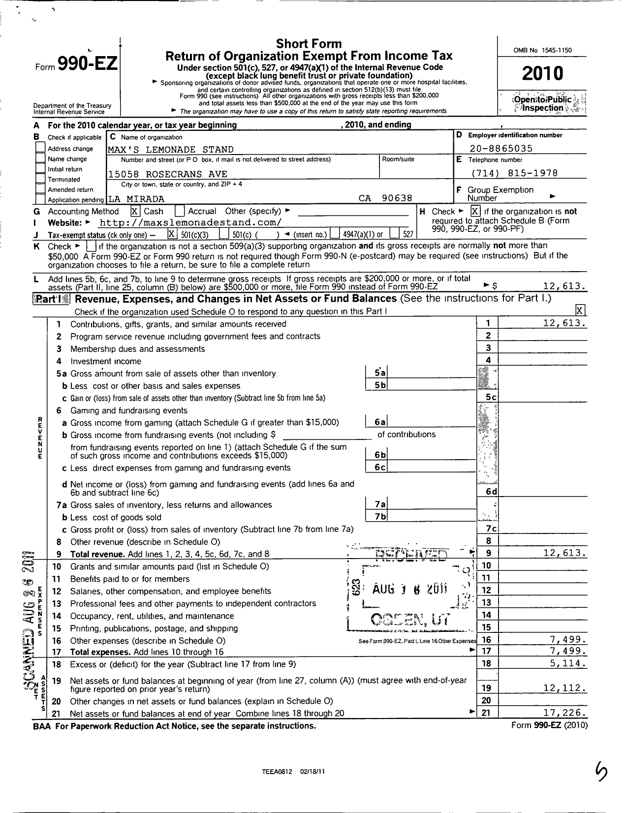 Image of first page of 2010 Form 990EZ for Max S Lemonade Stand