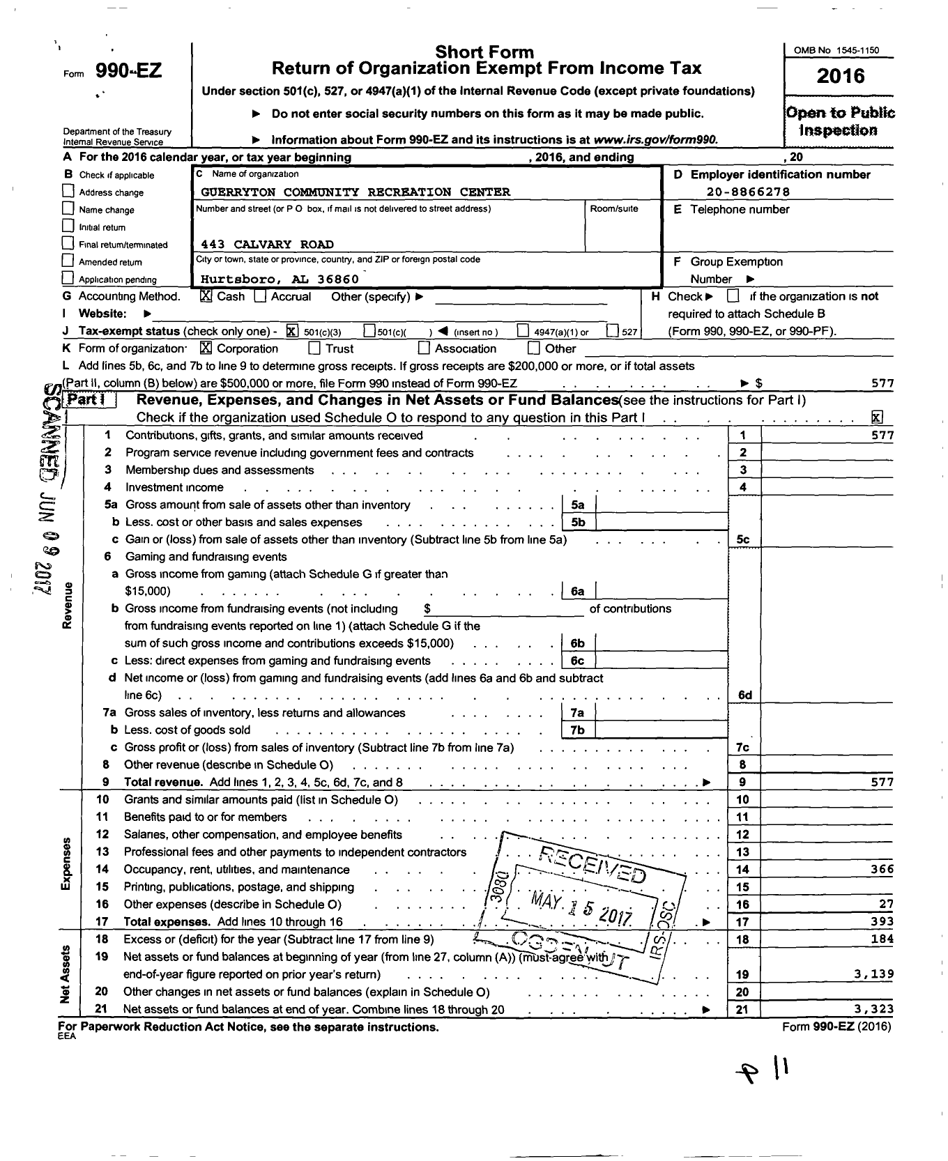 Image of first page of 2016 Form 990EZ for Guerryton Community Recreation Center