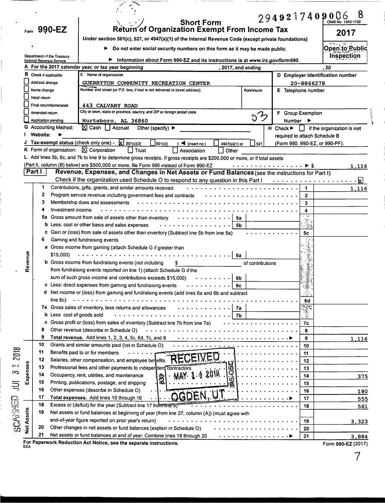 Image of first page of 2017 Form 990EZ for Guerryton Community Recreation Center