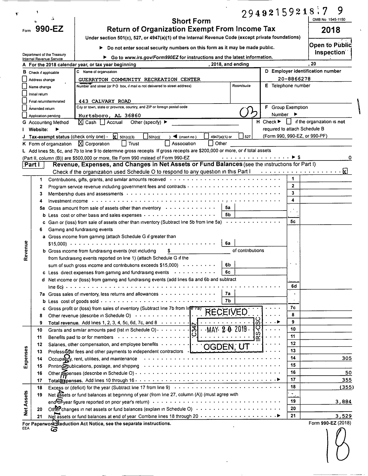 Image of first page of 2018 Form 990EZ for Guerryton Community Recreation Center