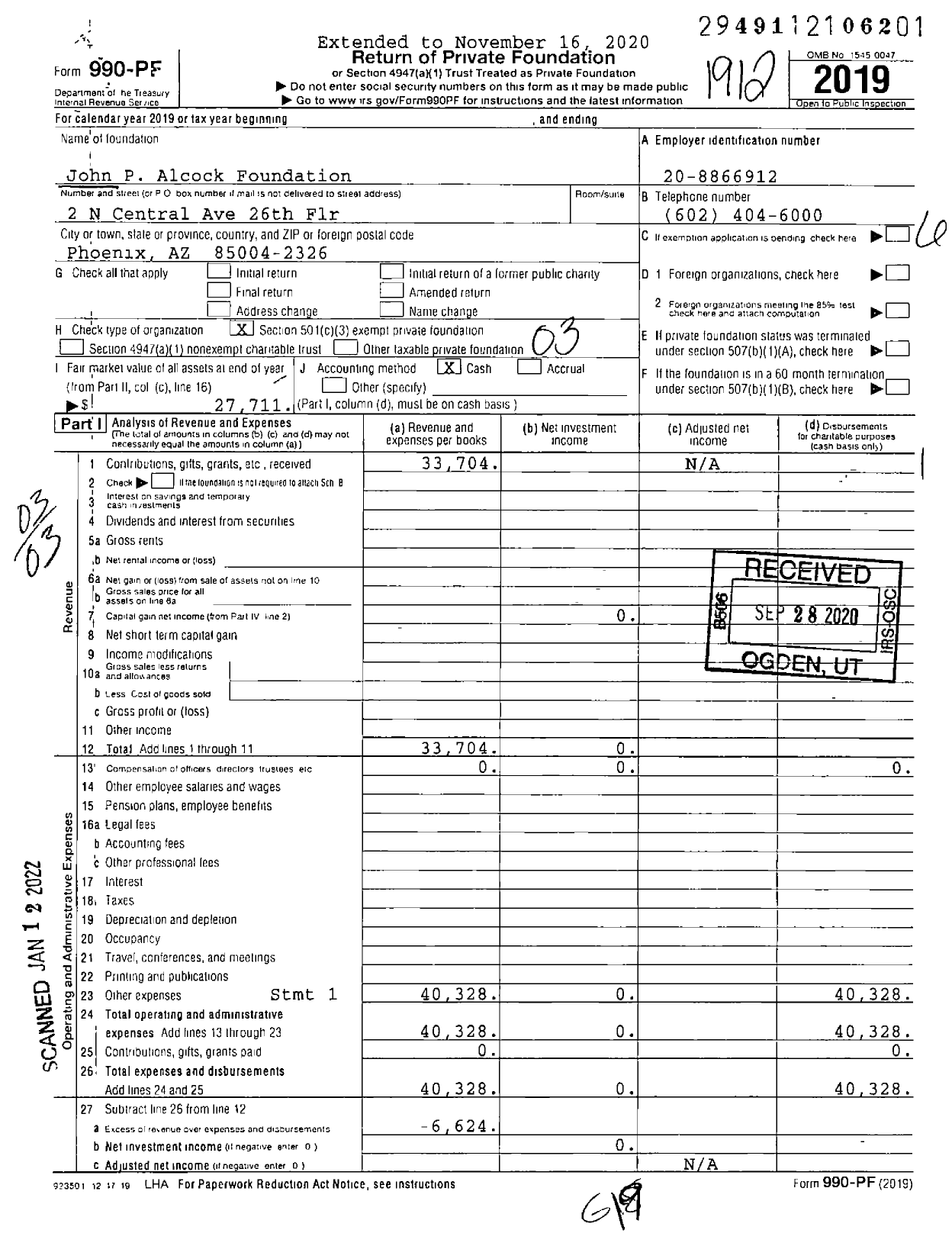 Image of first page of 2019 Form 990PF for John P Alcock Foundation