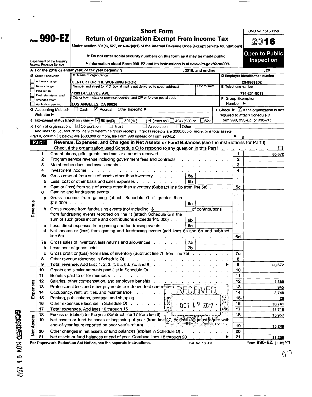 Image of first page of 2016 Form 990EZ for Center for the Working Poor