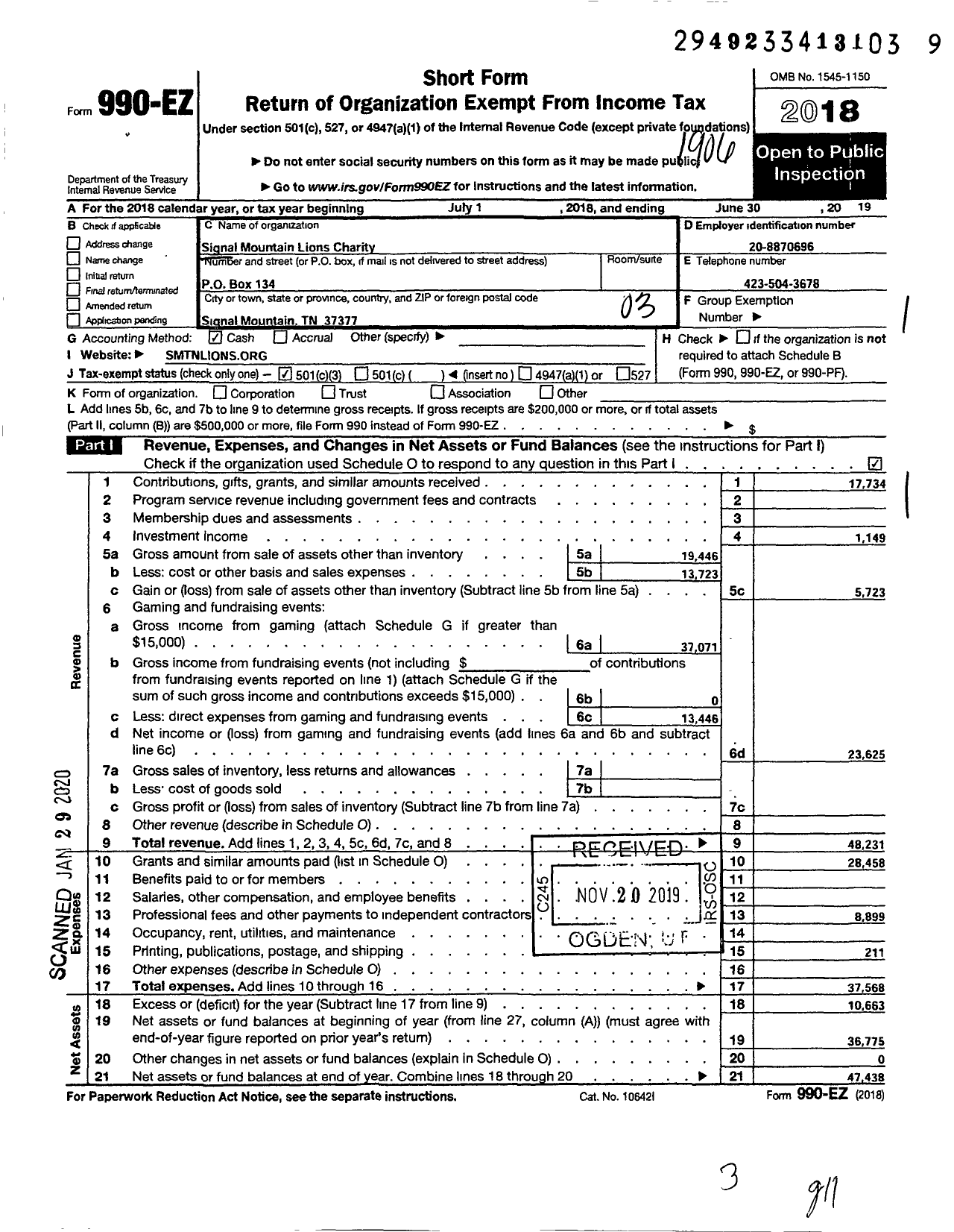 Image of first page of 2018 Form 990EZ for Signal Mountain Lions Charity