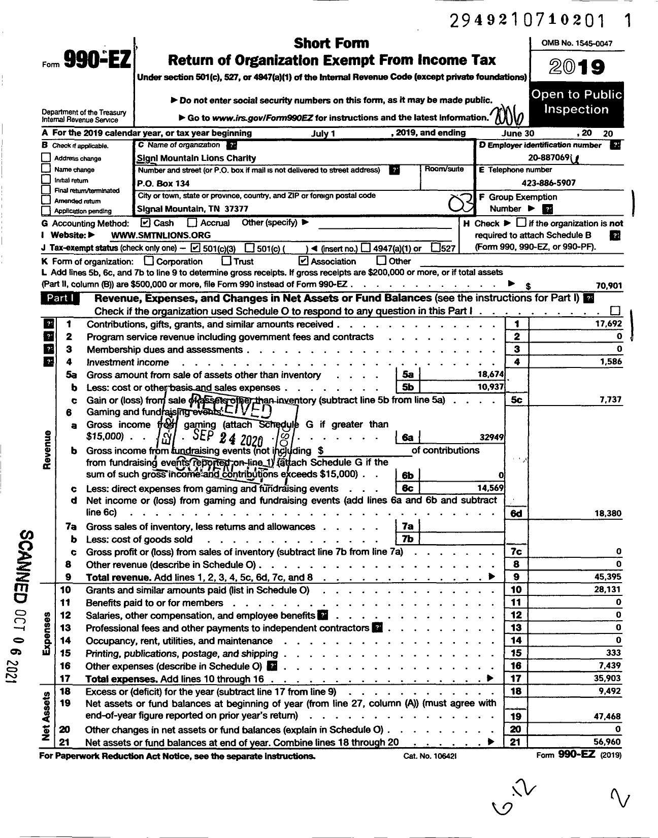 Image of first page of 2019 Form 990EZ for Signal Mountain Lions Charity