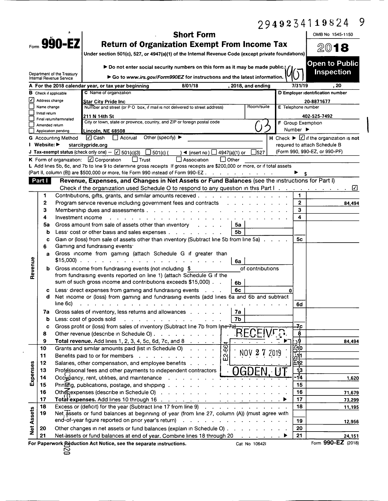 Image of first page of 2018 Form 990EZ for Star City Pride