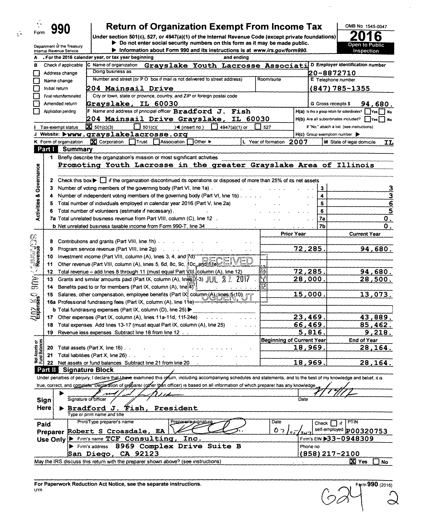 Image of first page of 2016 Form 990 for Grayslake Youth Lacrosse Association