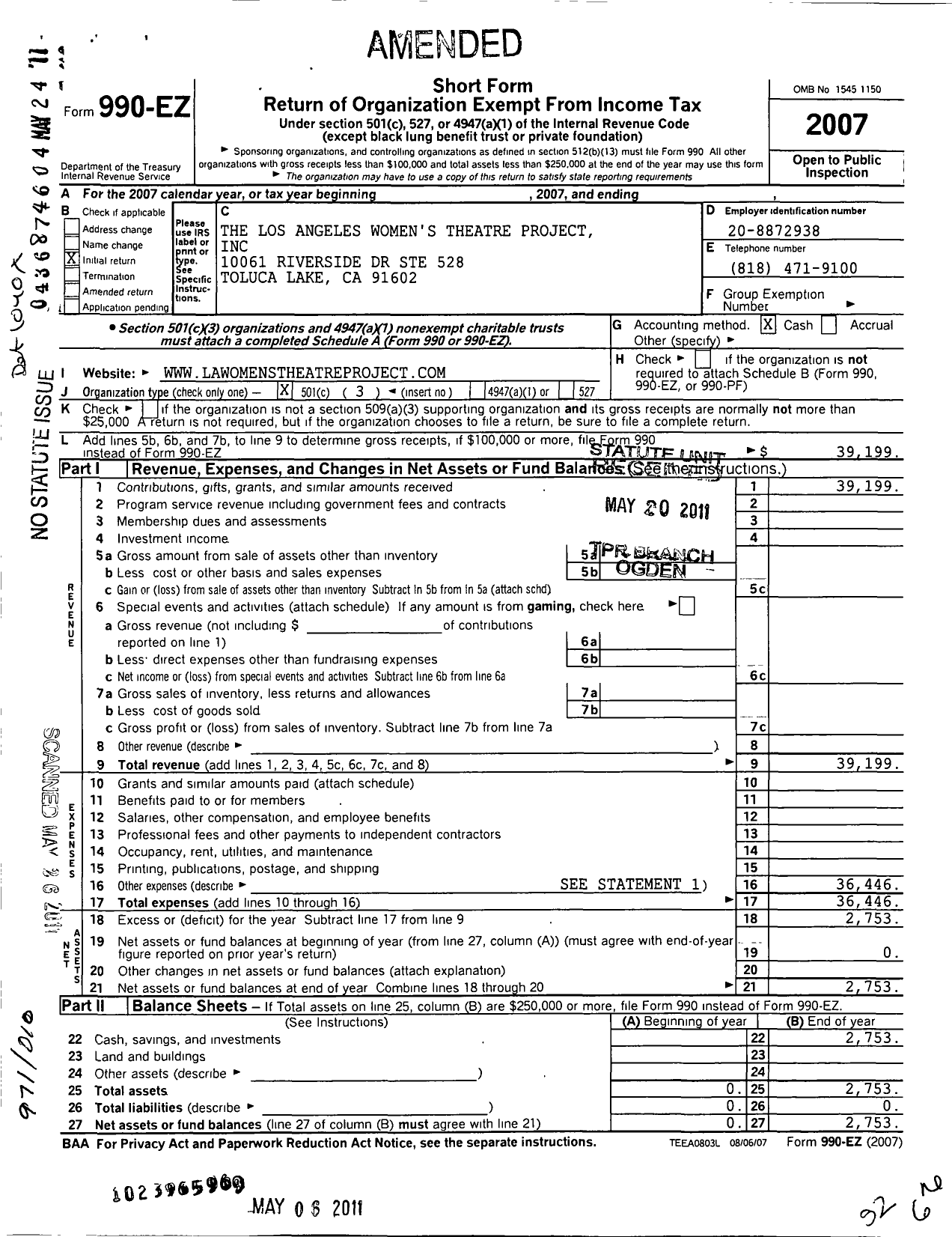 Image of first page of 2007 Form 990EZ for Los Angeles Women S Theatre Project