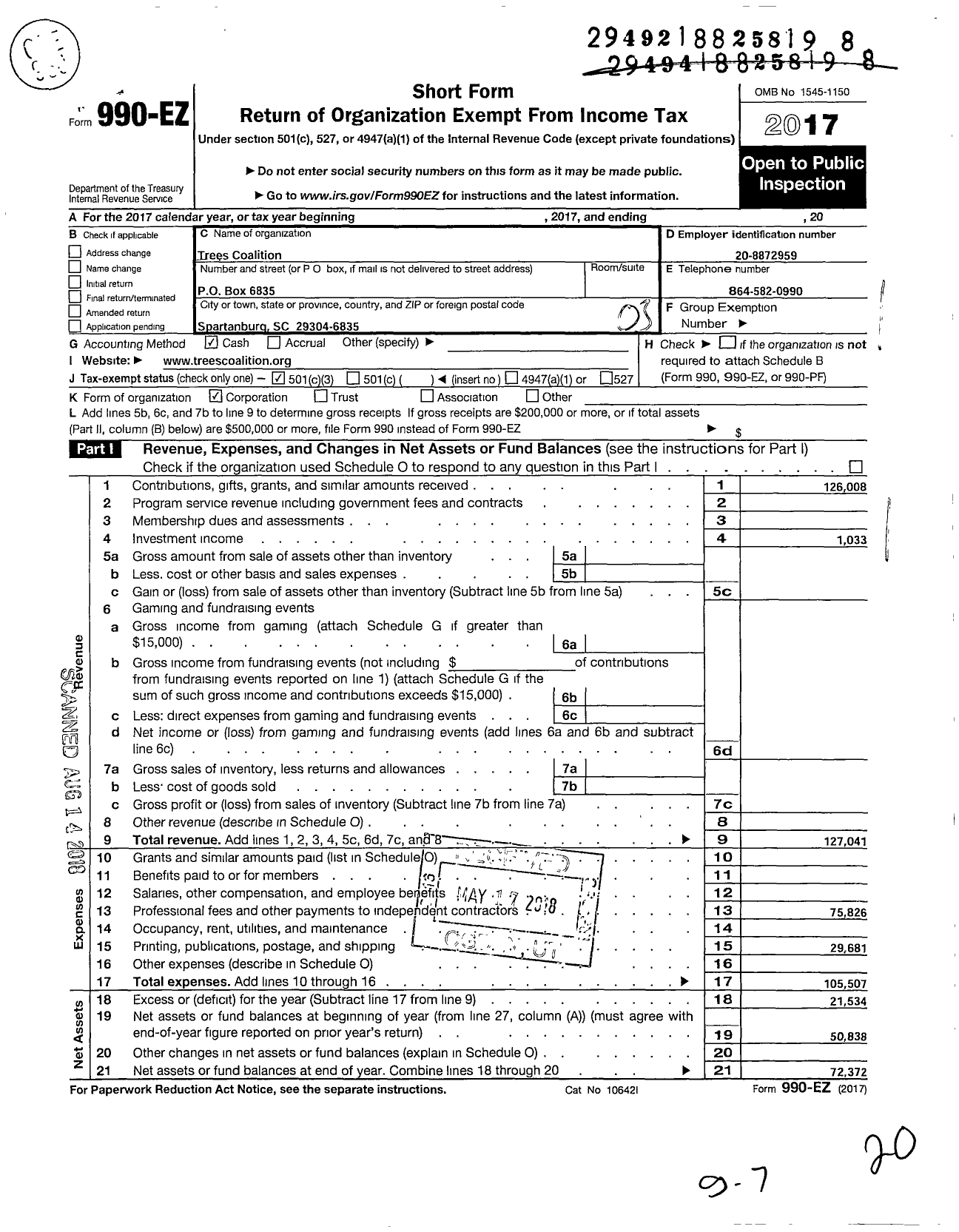 Image of first page of 2017 Form 990EZ for Trees Coalition