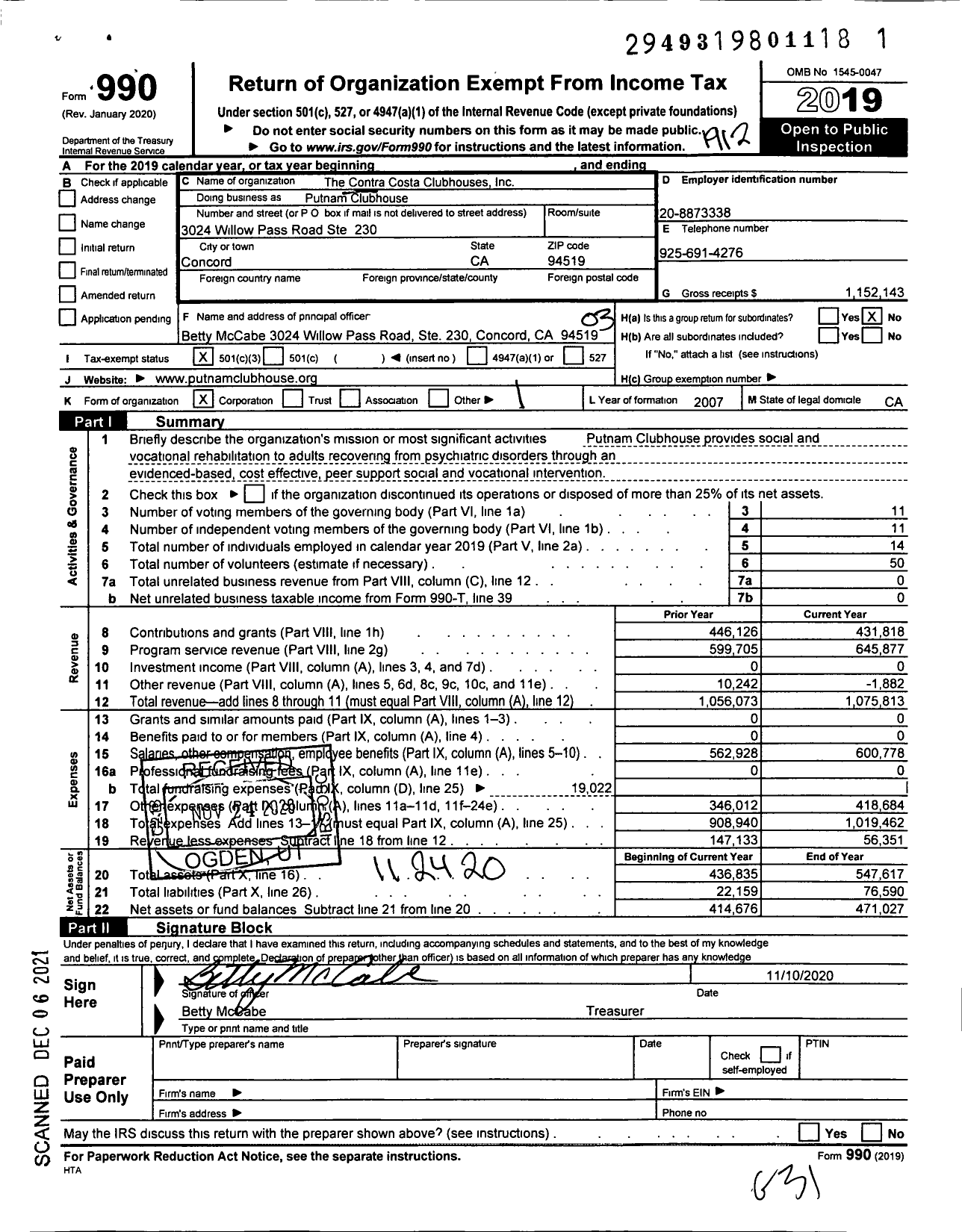 Image of first page of 2019 Form 990 for Putnam Clubhouse