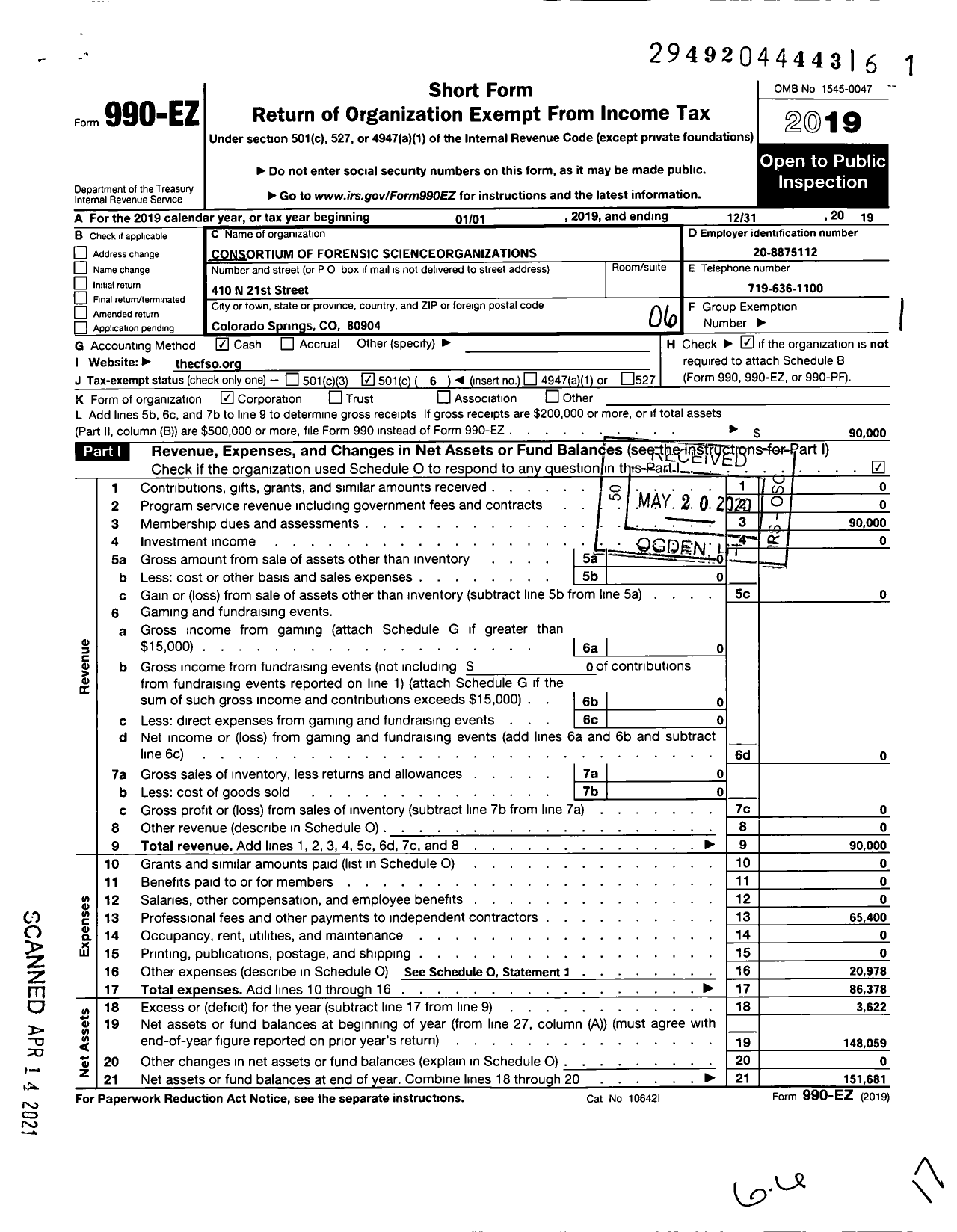 Image of first page of 2019 Form 990EO for Consortium of Forensic Scienceorganizations