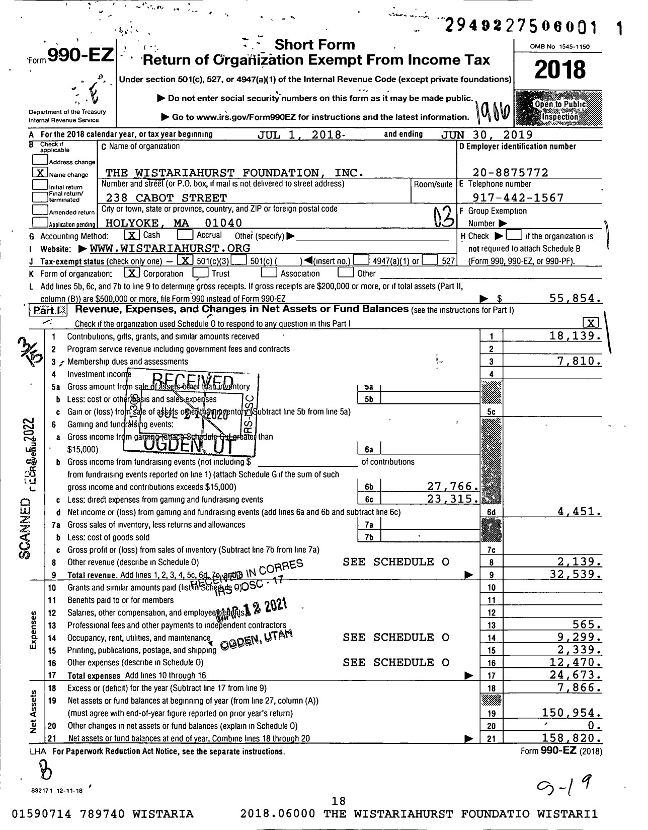 Image of first page of 2018 Form 990EZ for The Wistariahurst Foundation