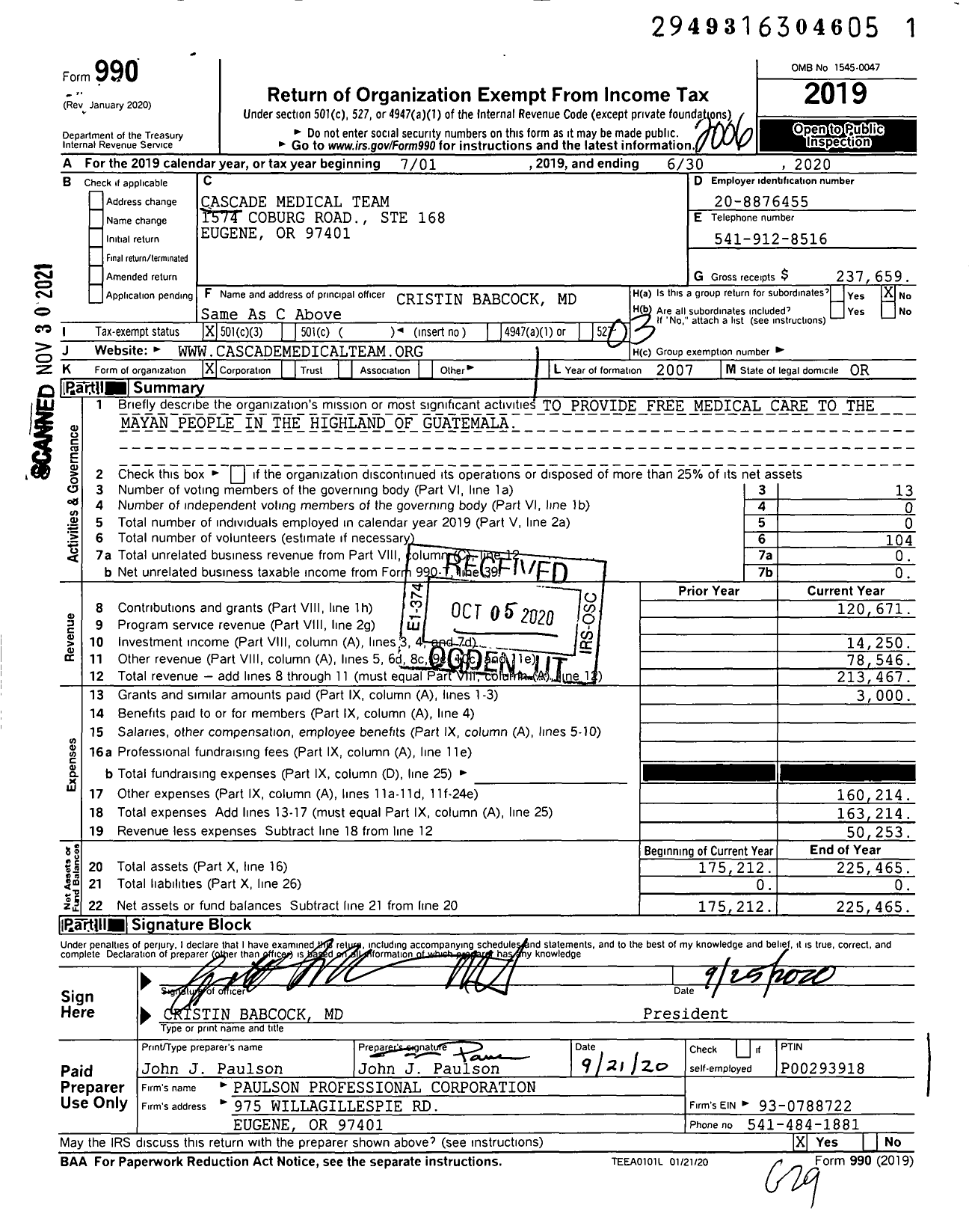 Image of first page of 2019 Form 990 for Cascade Medical Team (CMT)