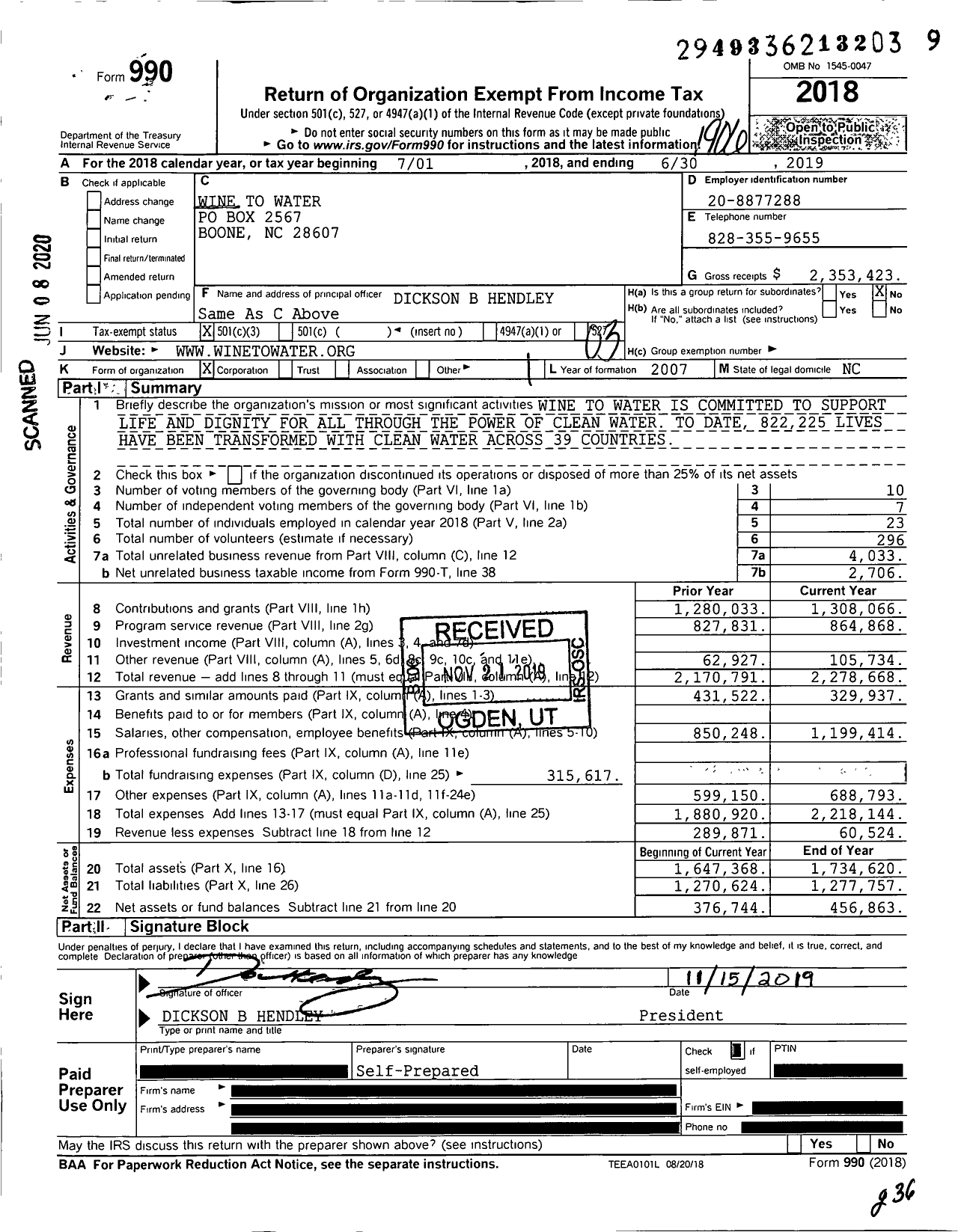 Image of first page of 2018 Form 990 for Wine to Water