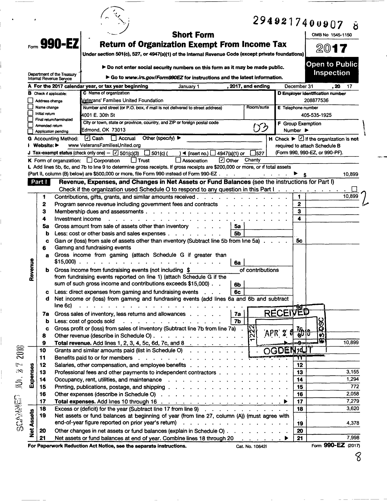 Image of first page of 2017 Form 990EZ for Veterans Families United Foundation