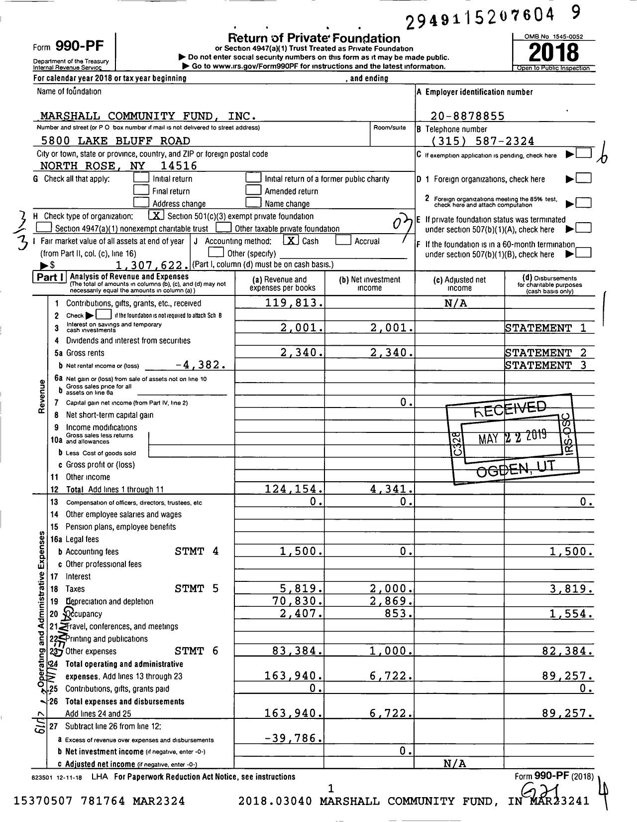 Image of first page of 2018 Form 990PF for Marshall Community Fund