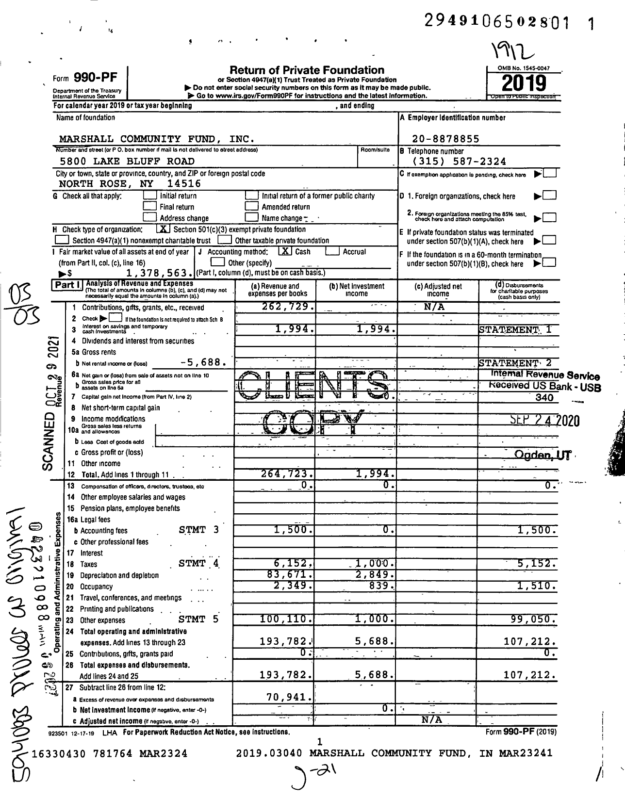 Image of first page of 2019 Form 990PF for Marshall Community Fund