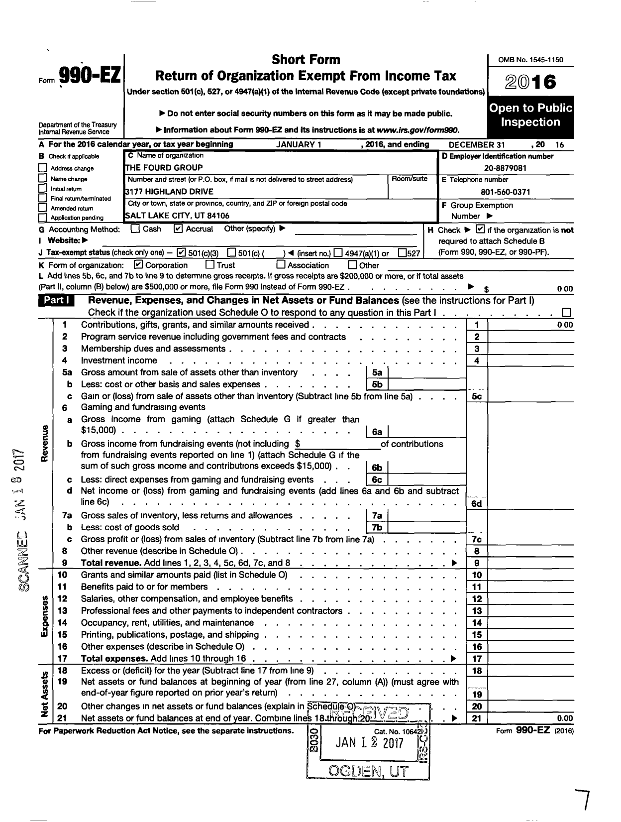 Image of first page of 2016 Form 990EZ for Four D Group