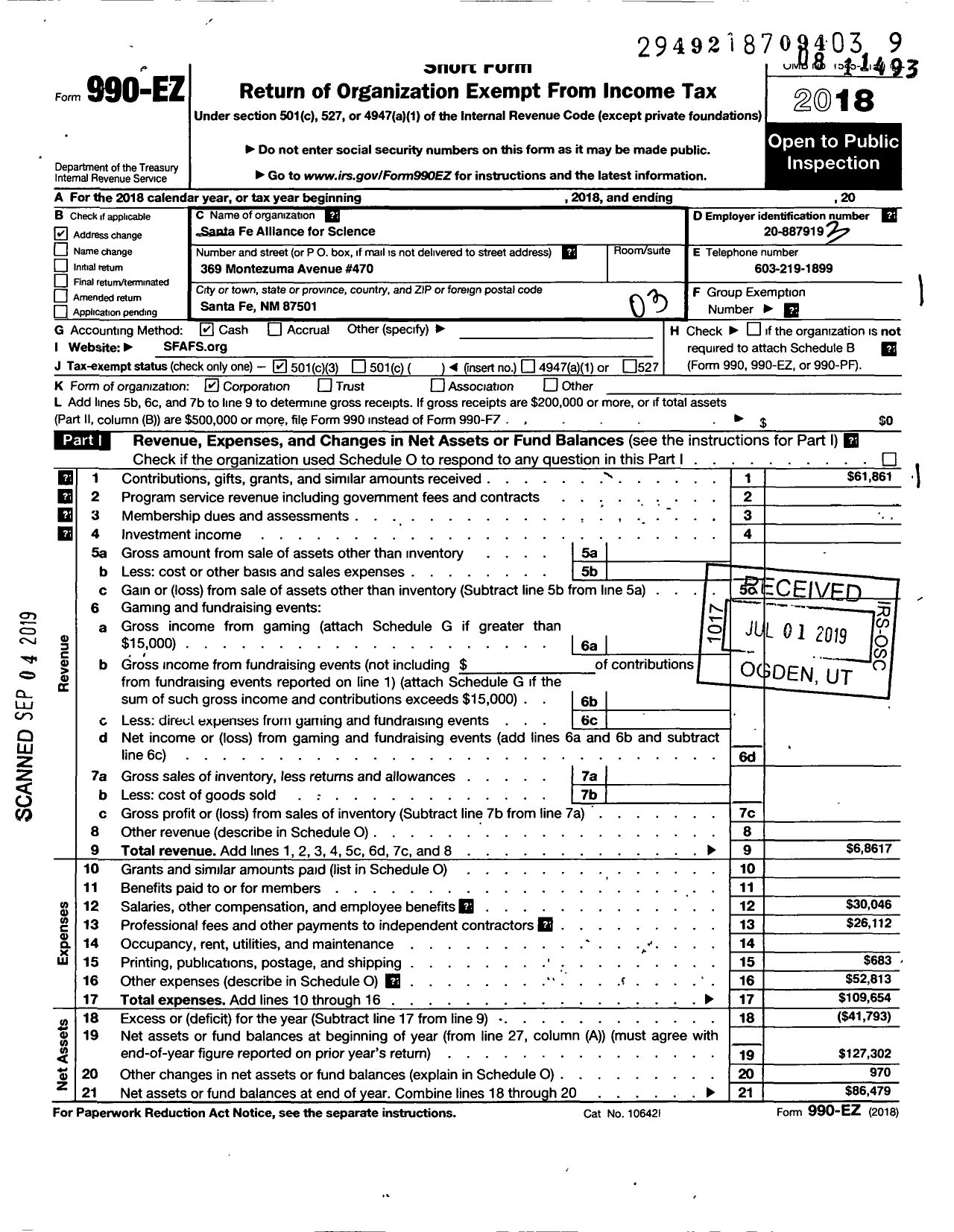 Image of first page of 2018 Form 990EZ for Santa Fe Alliance for Science