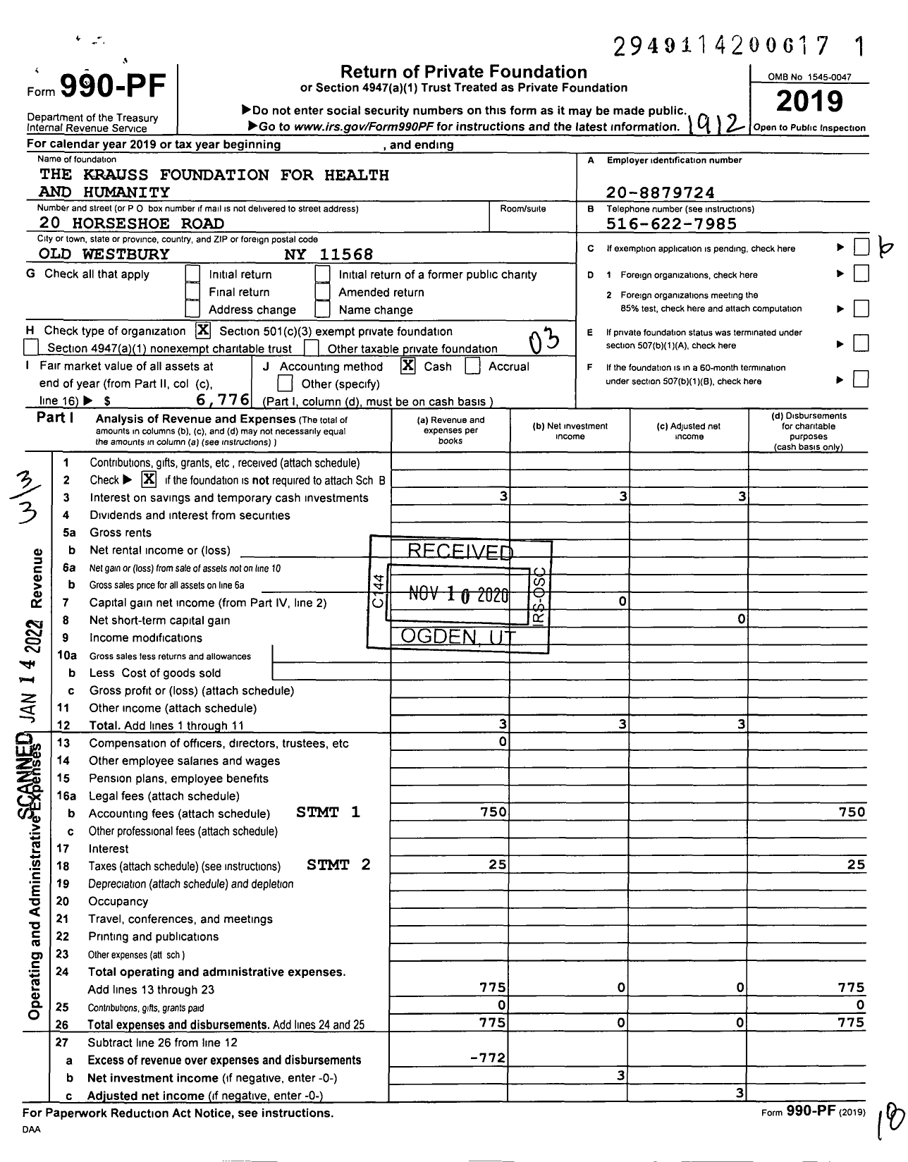 Image of first page of 2019 Form 990PF for The Krauss Foundation for Health and Humanity