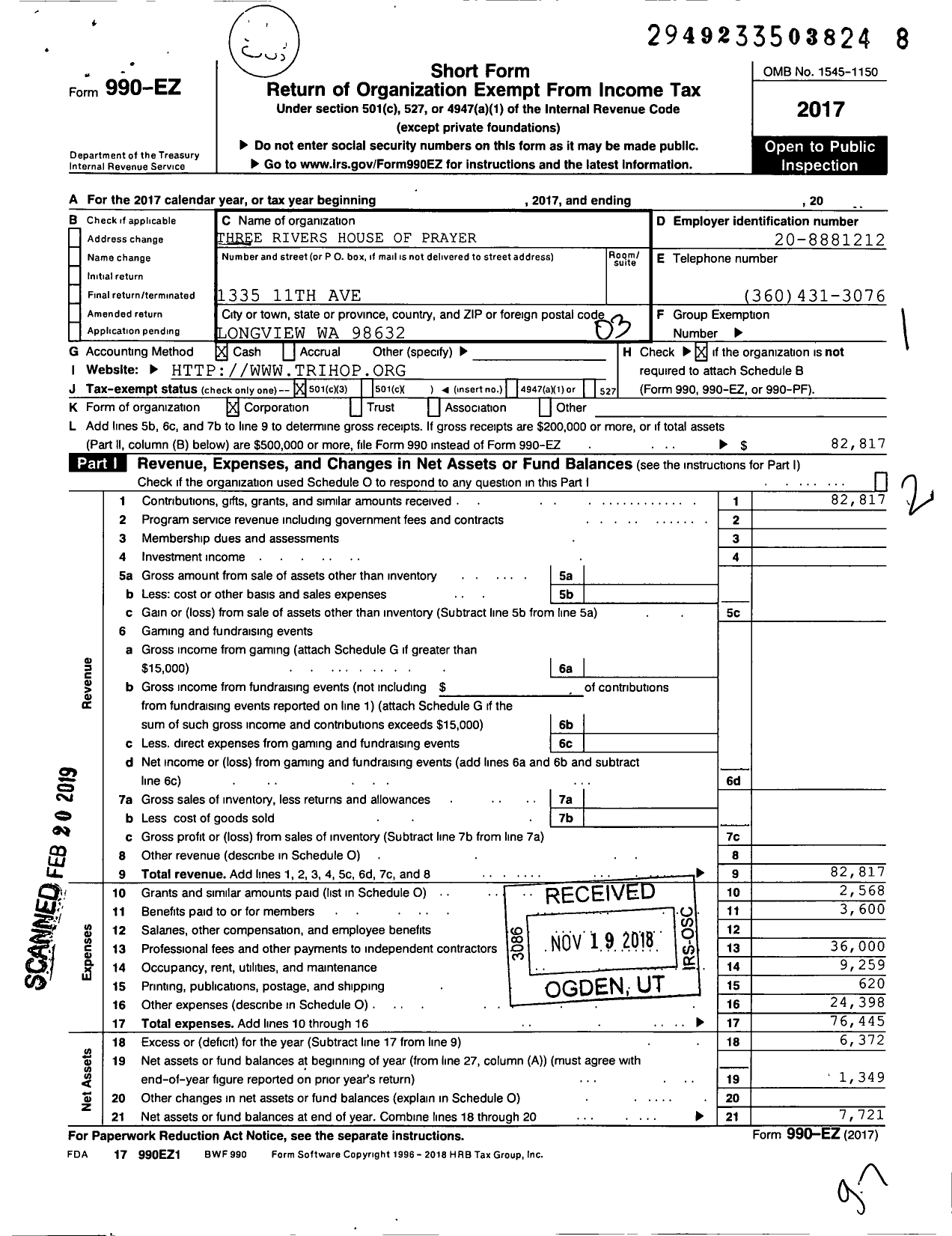 Image of first page of 2017 Form 990EZ for Three Rivers House of Prayer