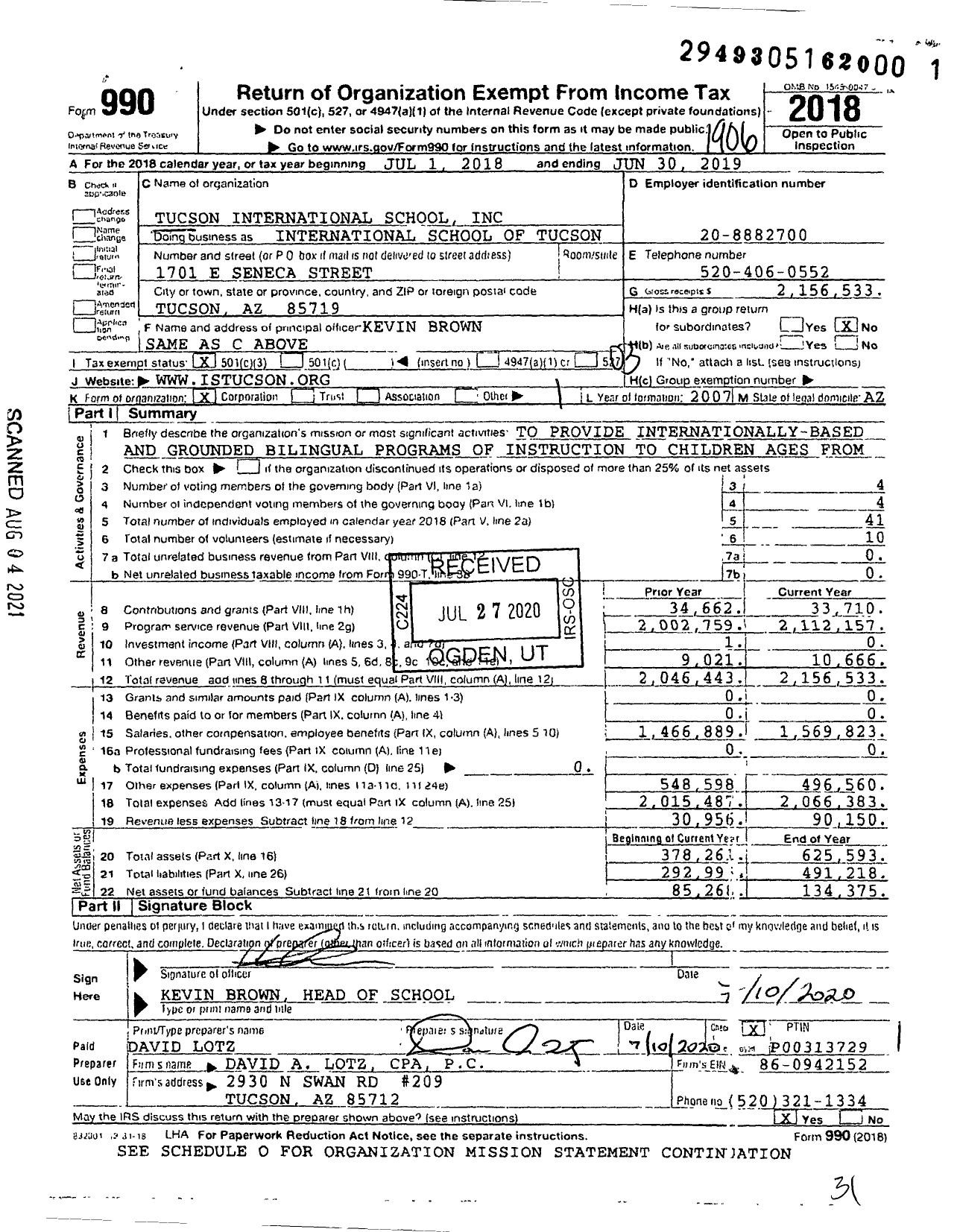 Image of first page of 2018 Form 990 for International School of Tucson