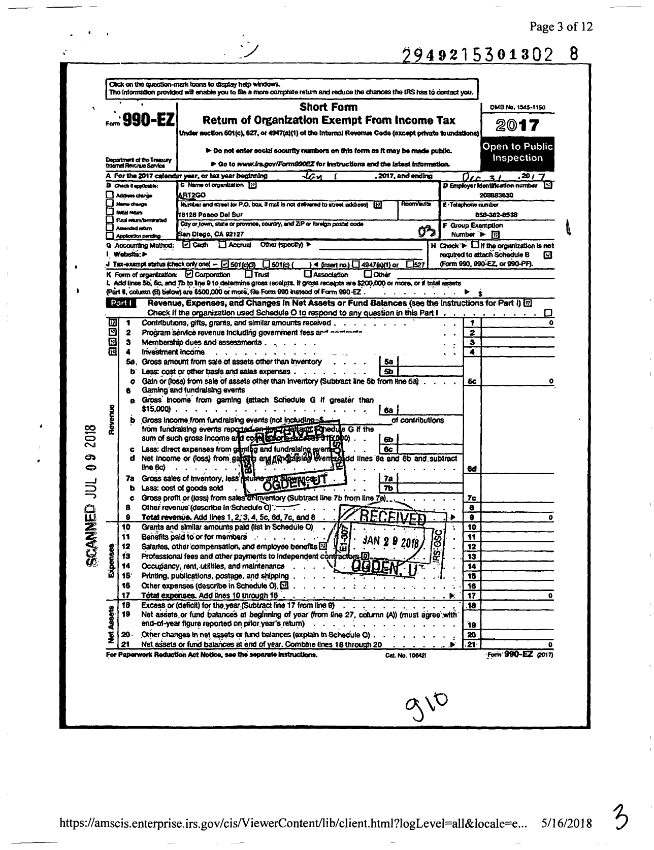 Image of first page of 2017 Form 990EZ for Del Sur Afterschool Program